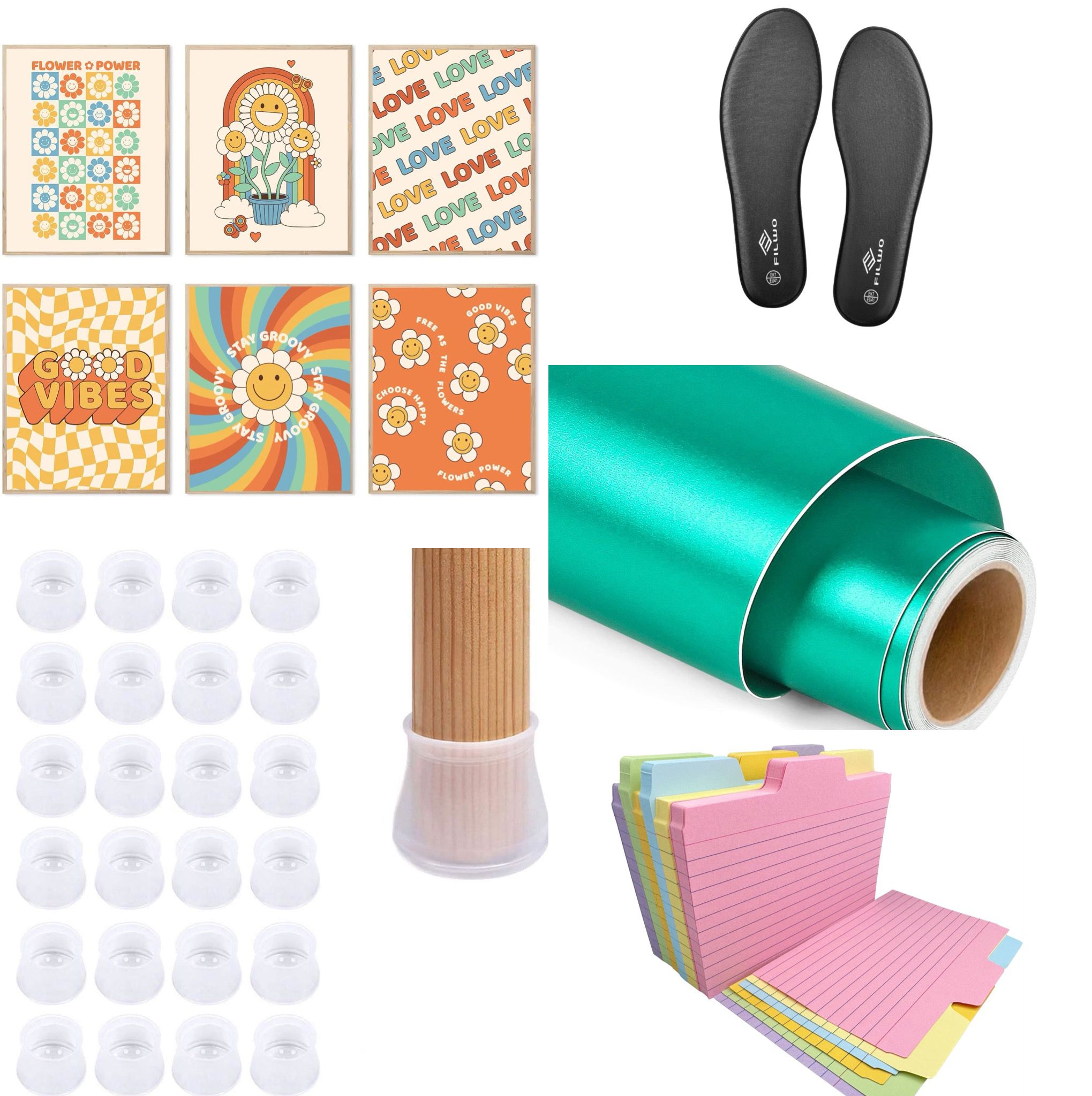 Joblot of 443 Matte Metallic Vinyl, Wall Art Prints, FILWO Men's Memory Foam Insoles 9UK, Chair Leg Covers & Index Cards – Brand New!