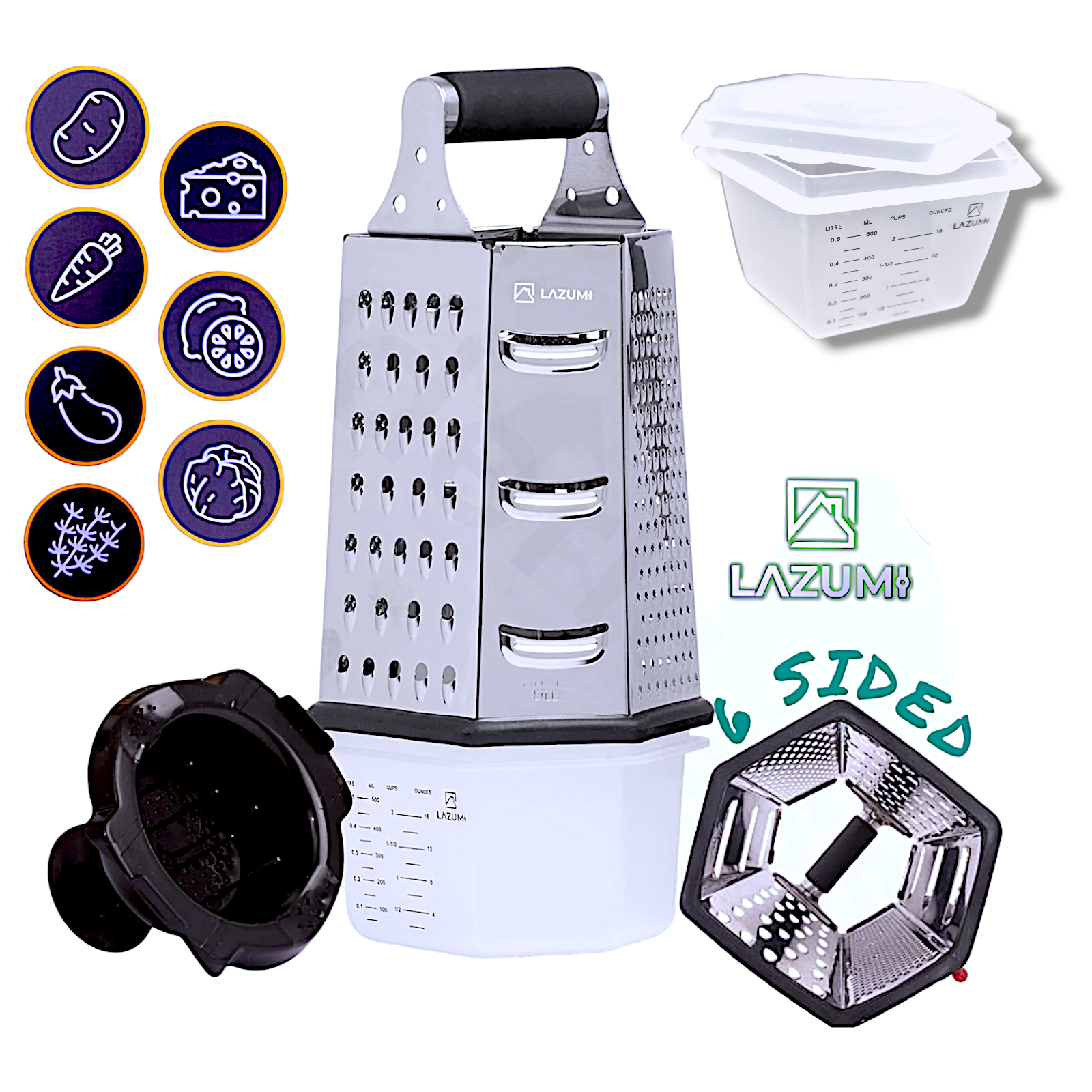 32xLazumi  6 Sided Food Grater With Storage Lid Stainless Steel Cheese Vegetable Box Grater