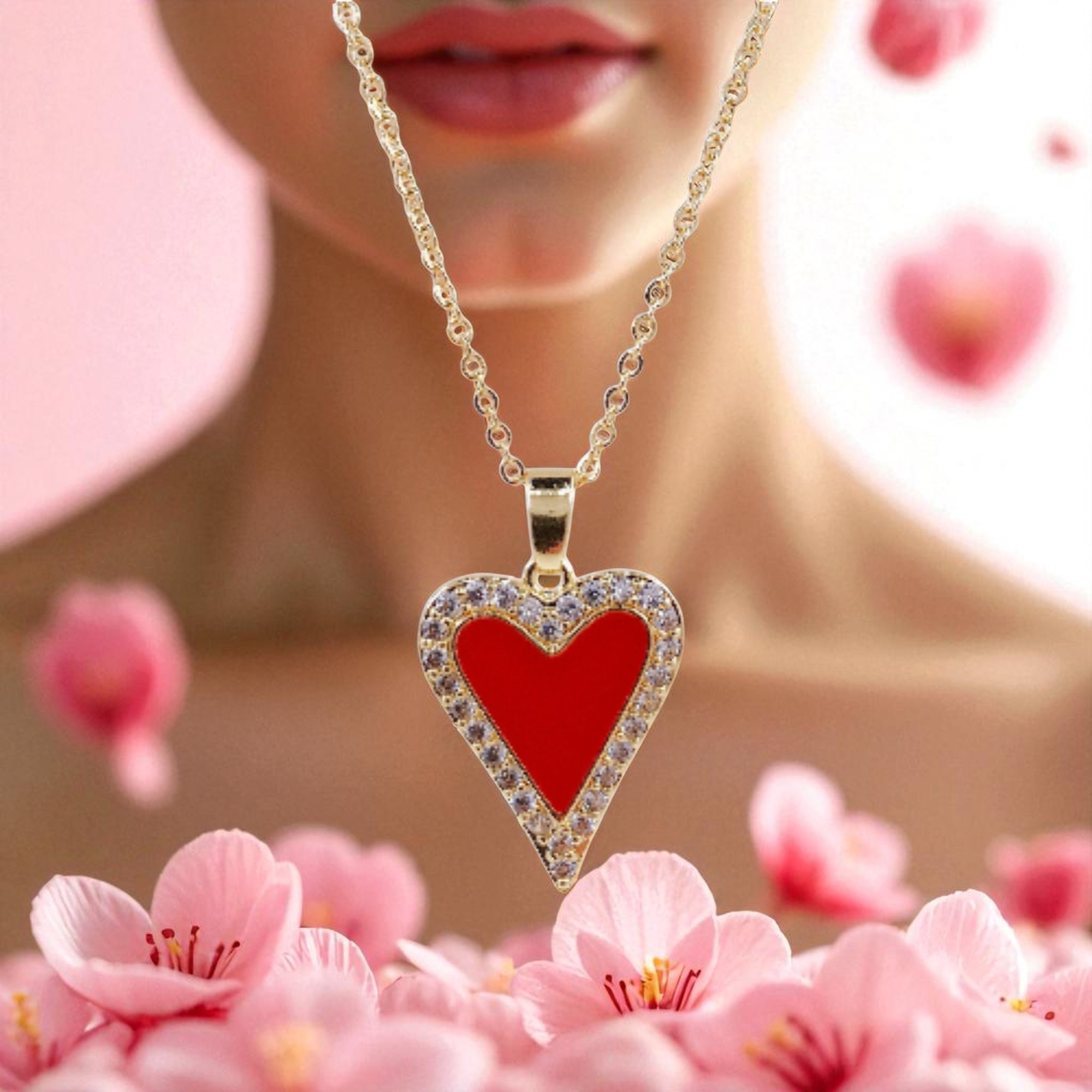 10pc Red Acrylic Heart Zircon Crystals Gold Tone Pendant Necklace! GCJ302-Gold