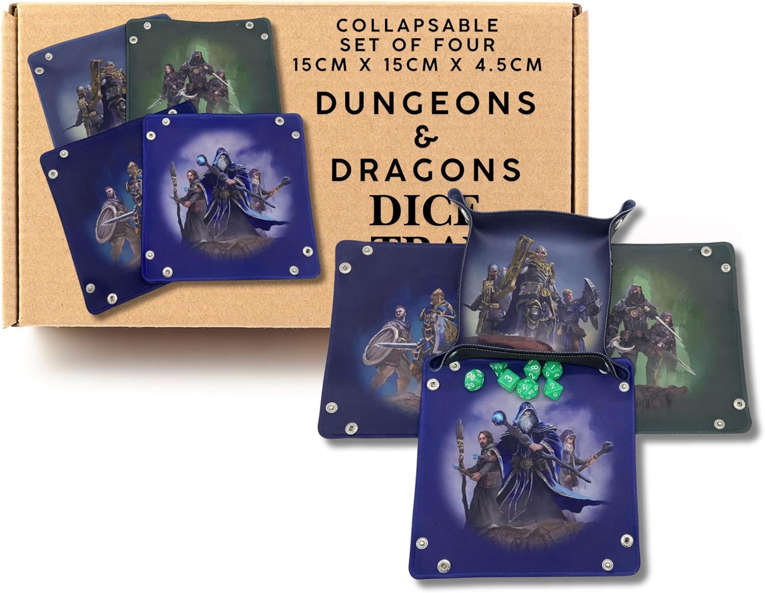 4x Fantasy RPG Character DnD Dice Tray Set - Foldable Rolling Tray for Dungeons and Dragons - Wizard Fighter Cleric Rogue - Portable Dice Mat