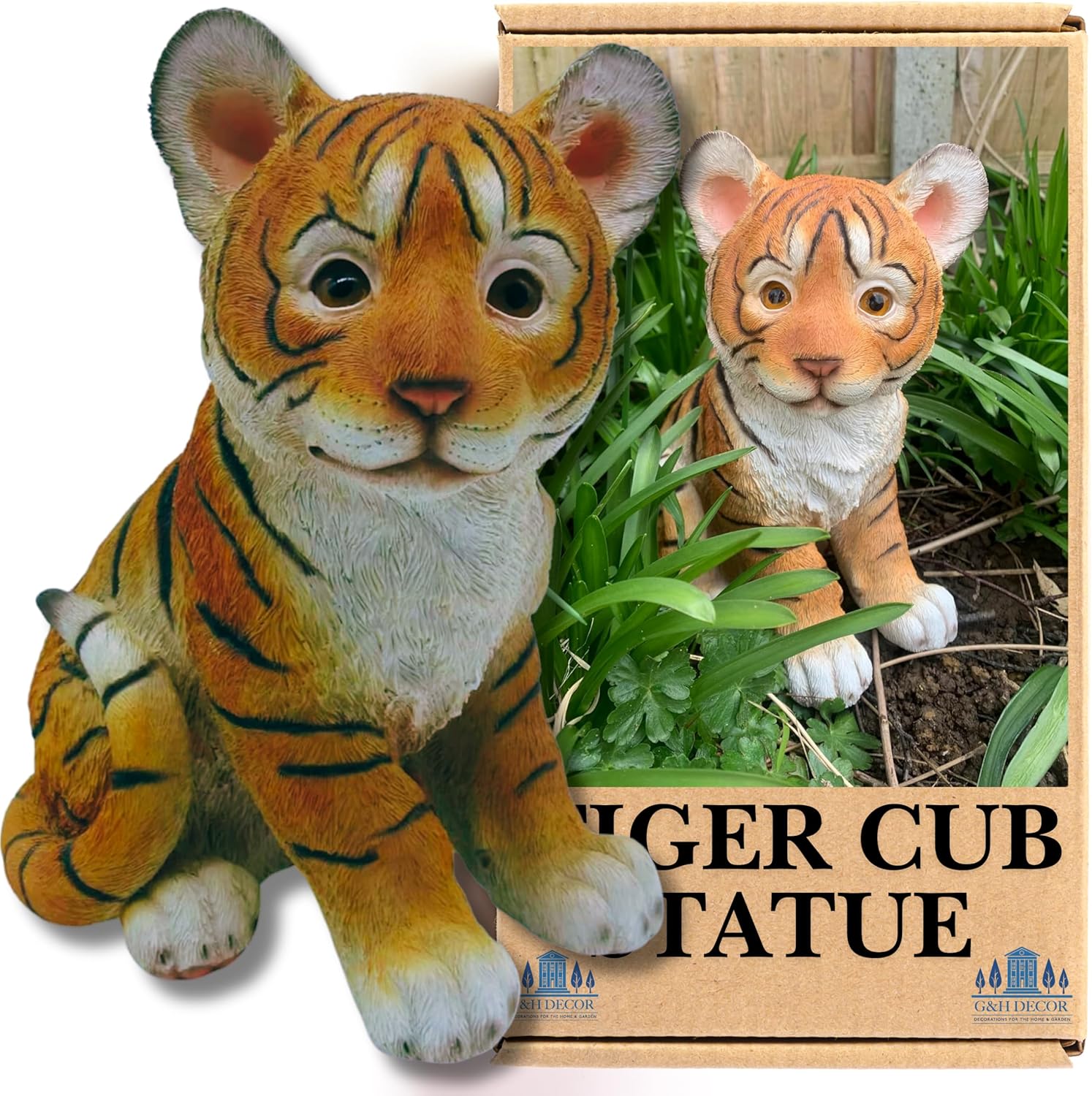 26cm Tiger Cub Resin Statue - Hand Painted Figurine - Suitable for Indoor or Outdoor Use - Weather Resistant Ornament with Vivid Colours for Garden