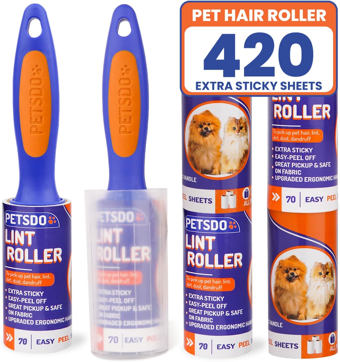 Lint Rollers with 2 Handles & 6 Refills - Total 420 Sticky Sheets for Pet Hair & Clothes - Ideal for All Fabrics