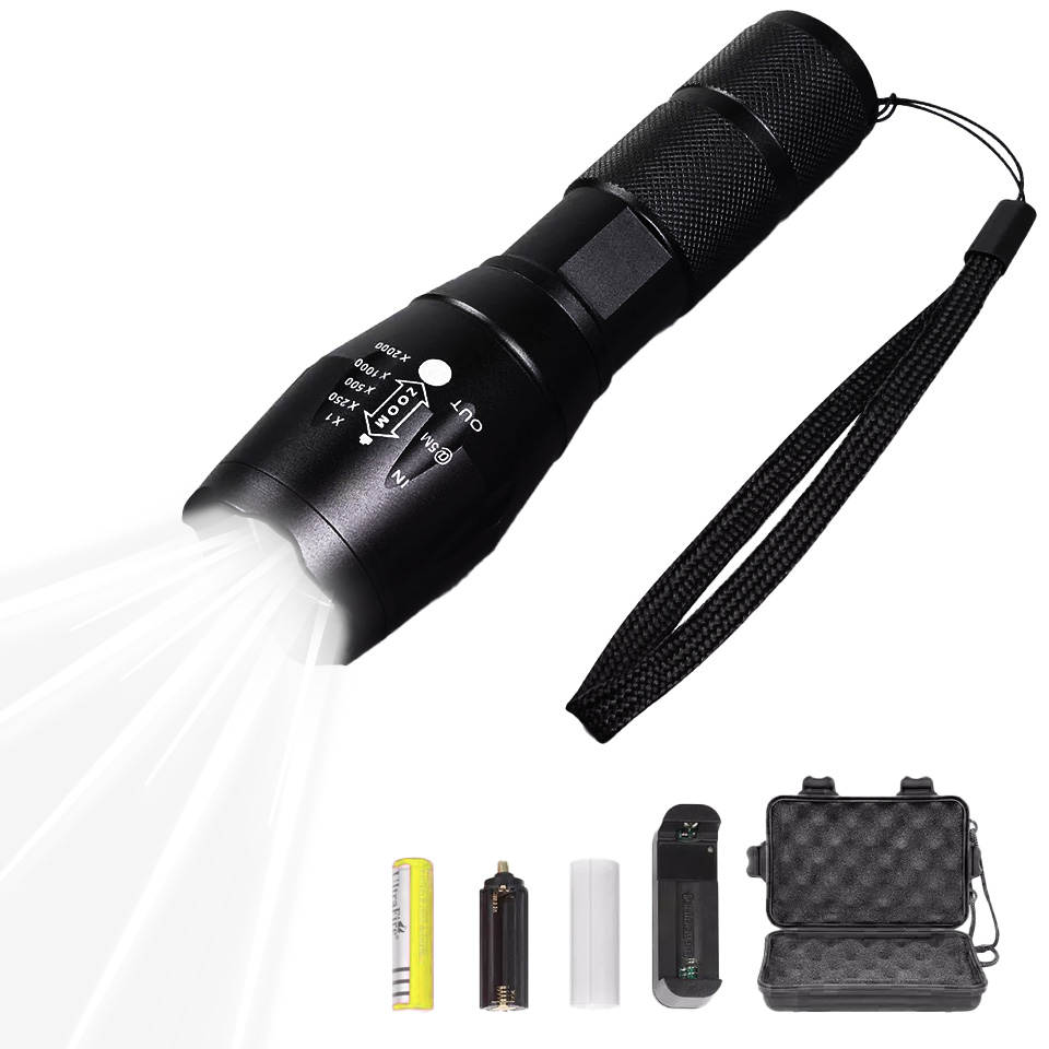 Torch LED Rechargeable Flashlight Adjustable Focus Handheld Flashlight Super Bright 2000 Lumens 5 Modes Tactical Torch Zoomable and Water-Resistant Ca