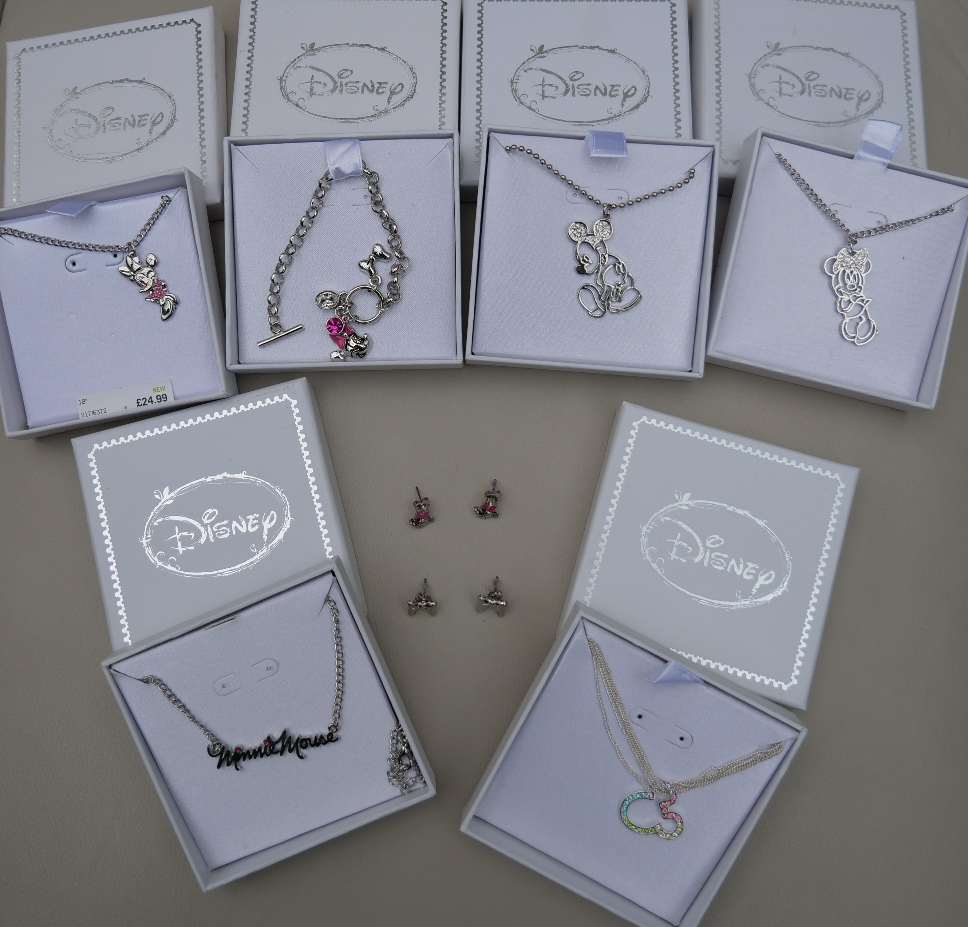 67 Items of genuine Disney Jewellery Pendants, charms, earrings with Presentation boxes RRP £1312.33