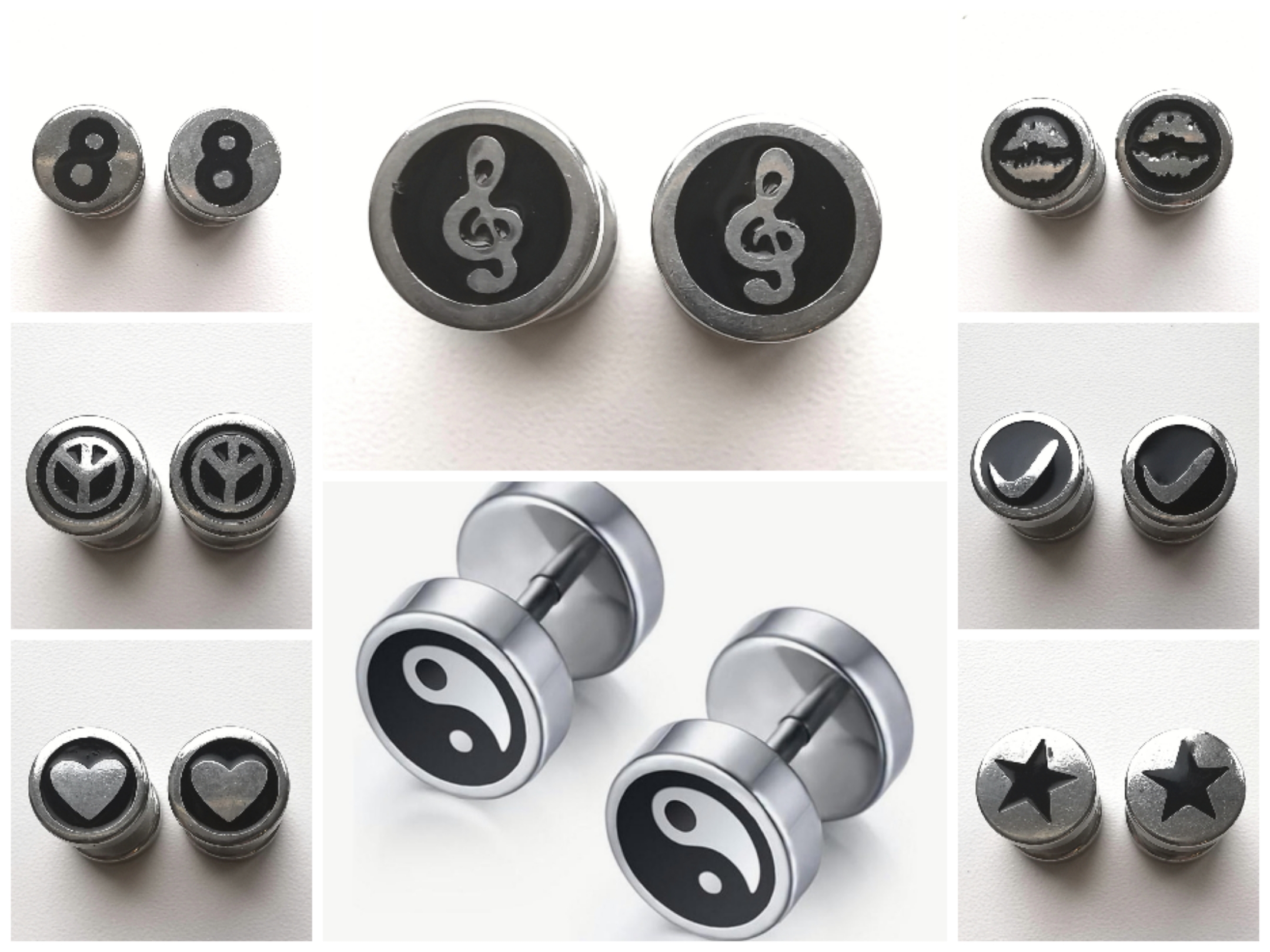 Wholesale Joblot of 50 Stainless Steel Barbell Ear Studs Peace, Lips, Star, Notes etc