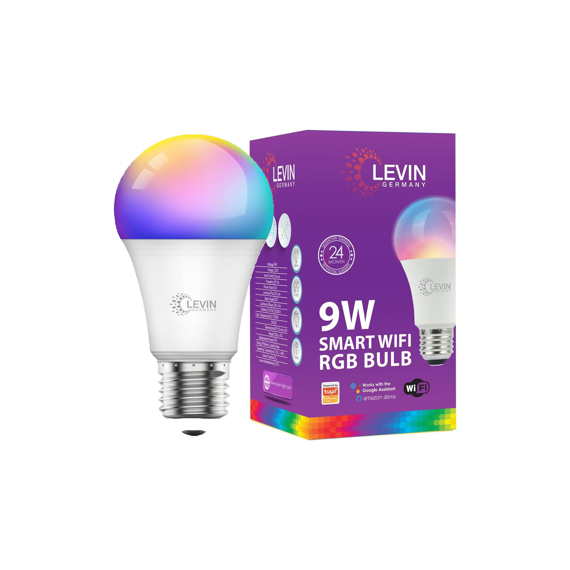 100 Pack – Levin Smart LED Bulb E27, 9W RGB Colour-Changing, Dimmable, Wi-Fi & Bluetooth, Works with Alexa/Google Home, 810 Lumens