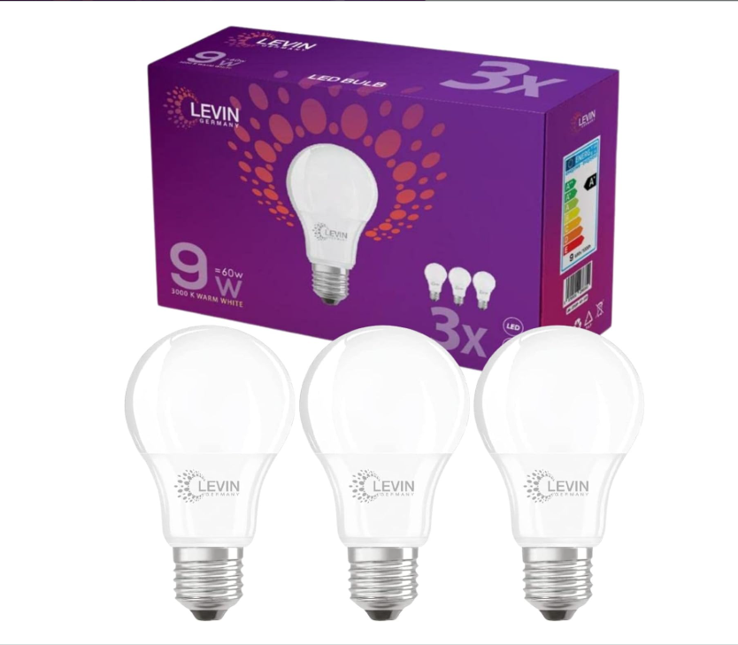 99 LED Bulbs (33 x 3-Pack) – Levin 9W LED Bulbs, Warm White 3000K, E27 Base, 95lm/W, Energy Class A, 60W Replacement