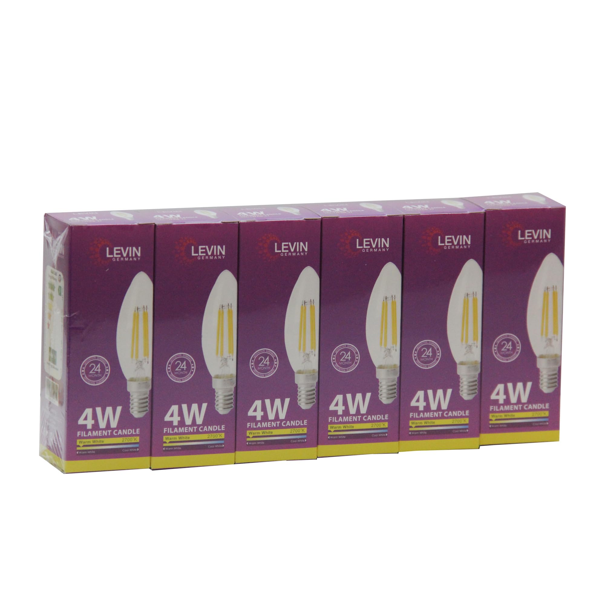96 Filament Candle Bulbs (16 x 6-Pack)  – Levin 4W LED, Warm White 2700K, C11 Filament Style, E14 Base, Vintage Look, Energy Efficient