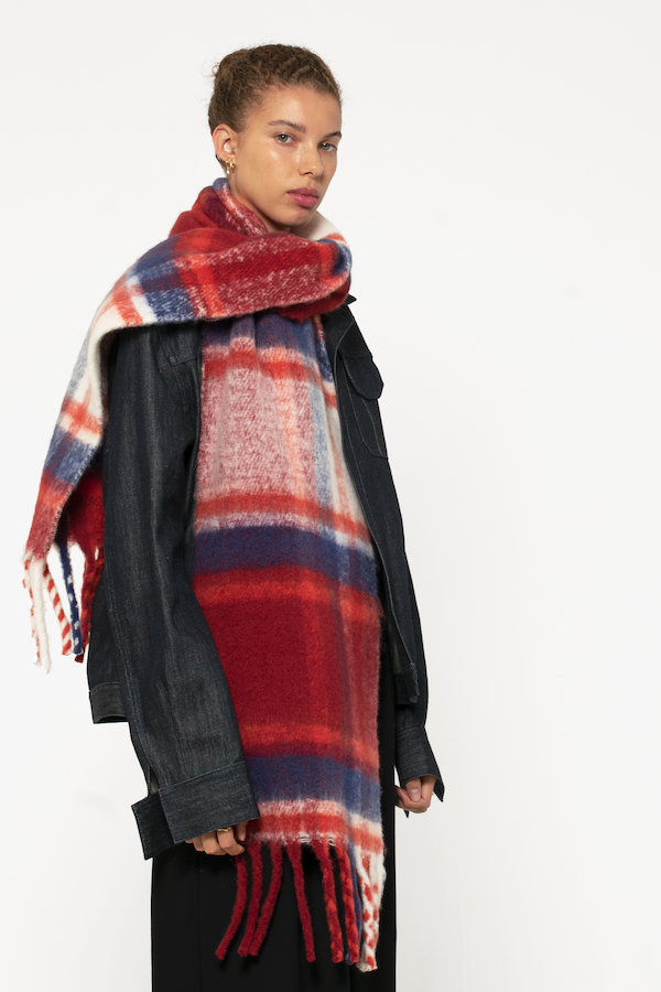 Women's Oversized Plaid Scarves - Red & Navy