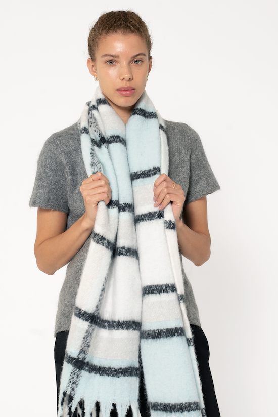 Women's Oversized Plaid Scarves - Sky Blue & Black