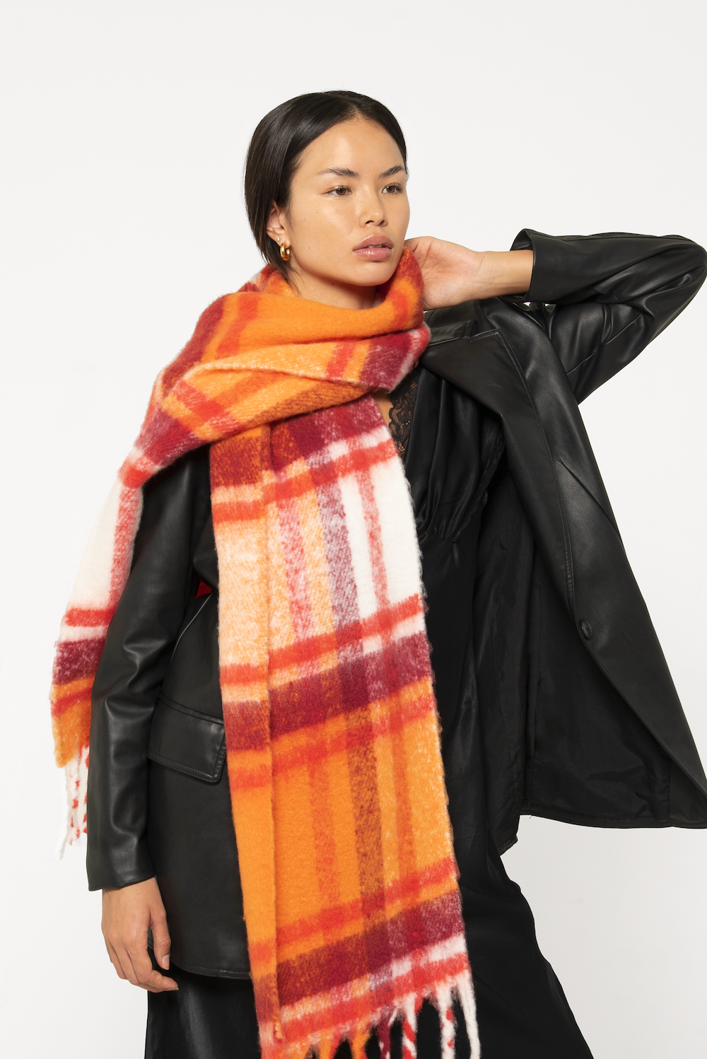 Women's Oversized Plaid Scarves - Orange & Red