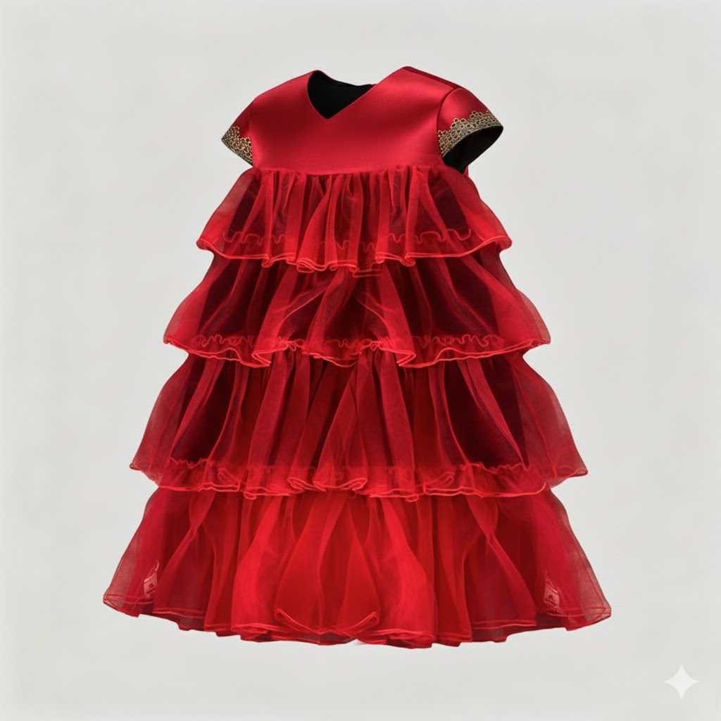 Girls' Red Velvet Princess Dress – Multi-Layer for birthday Party wedding 6-10Y