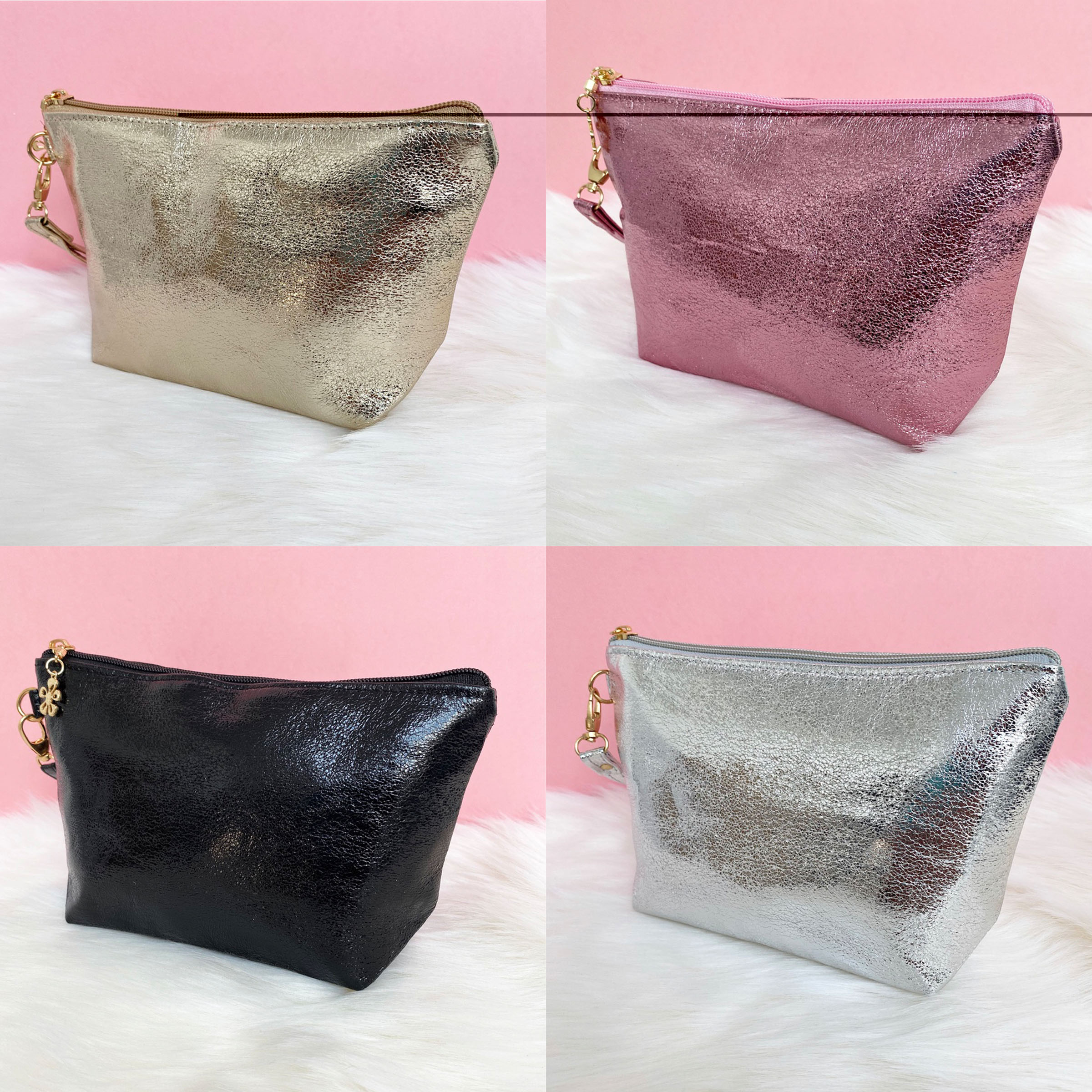 Joblot 460pc Metallic Bags with Handle and Zipper, (Cosmetic Makeup Bag, Toiletry Travel Wash Bag, Pencil Case, Pouch) - Gold, Silver, Pink & Black