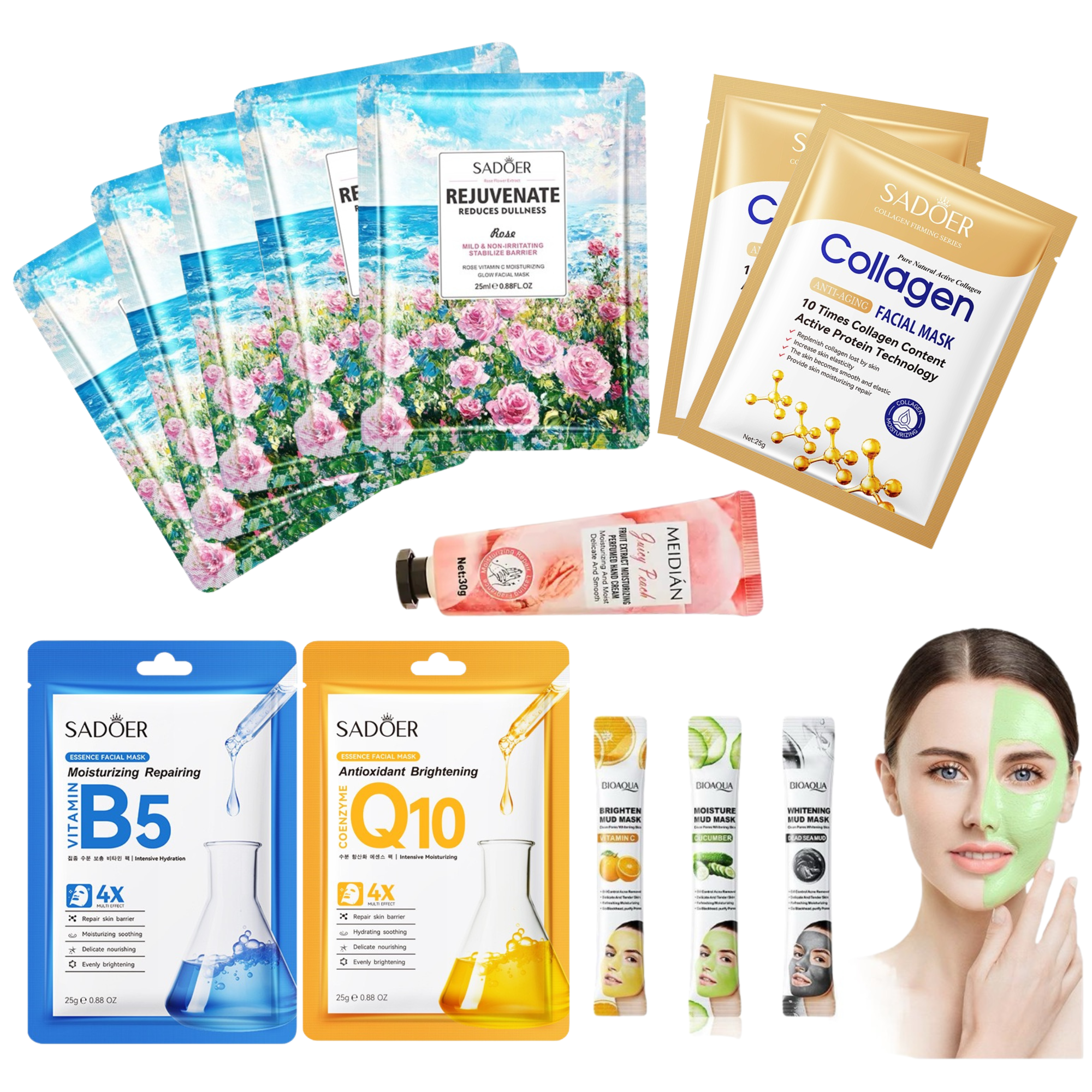 Mixed 100pcs-Rejuvenating Moisturising Spa Facial Mask Bundle Plus Free Hand Cream Set-Random|GCMK-Set 6-100pcs Mixed|UK SELLER