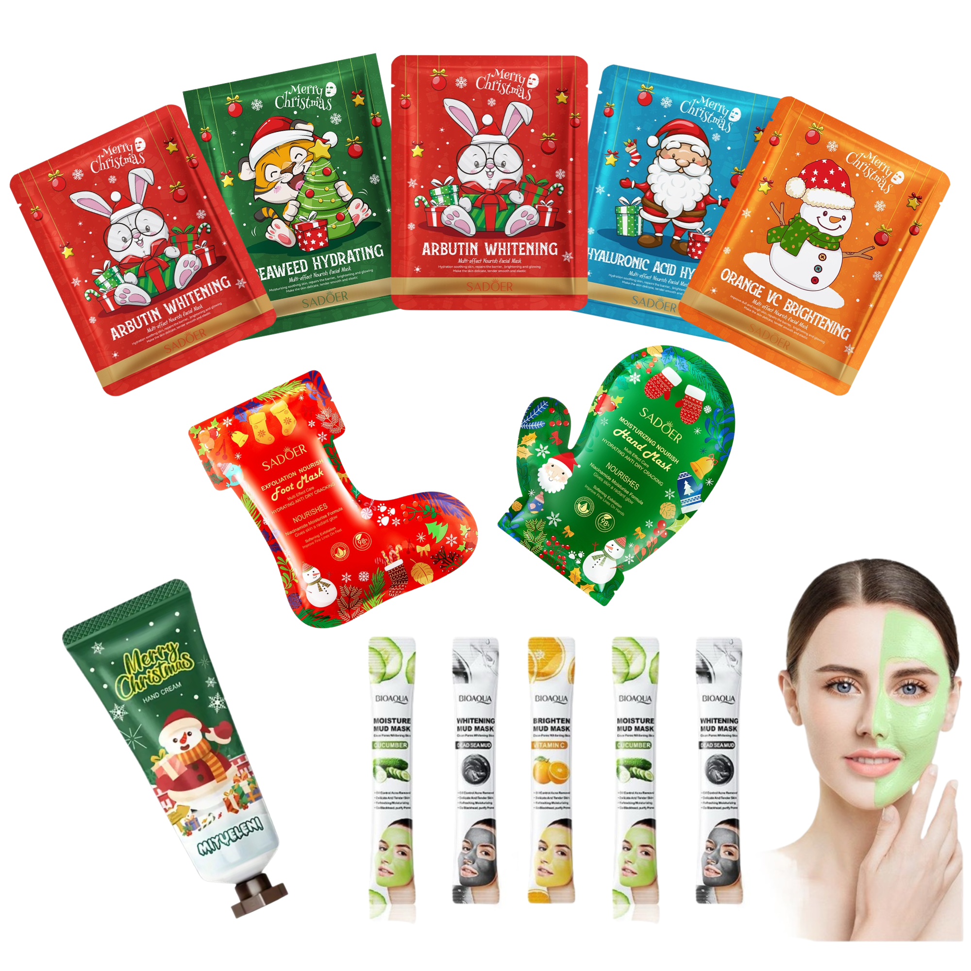Mixed 50pcs-Christmas Radiance Collection Foot Facial Mask with Free Hand Cream Set-Random|GCMK-Set 7-50pcs Mixed|UK SELLER