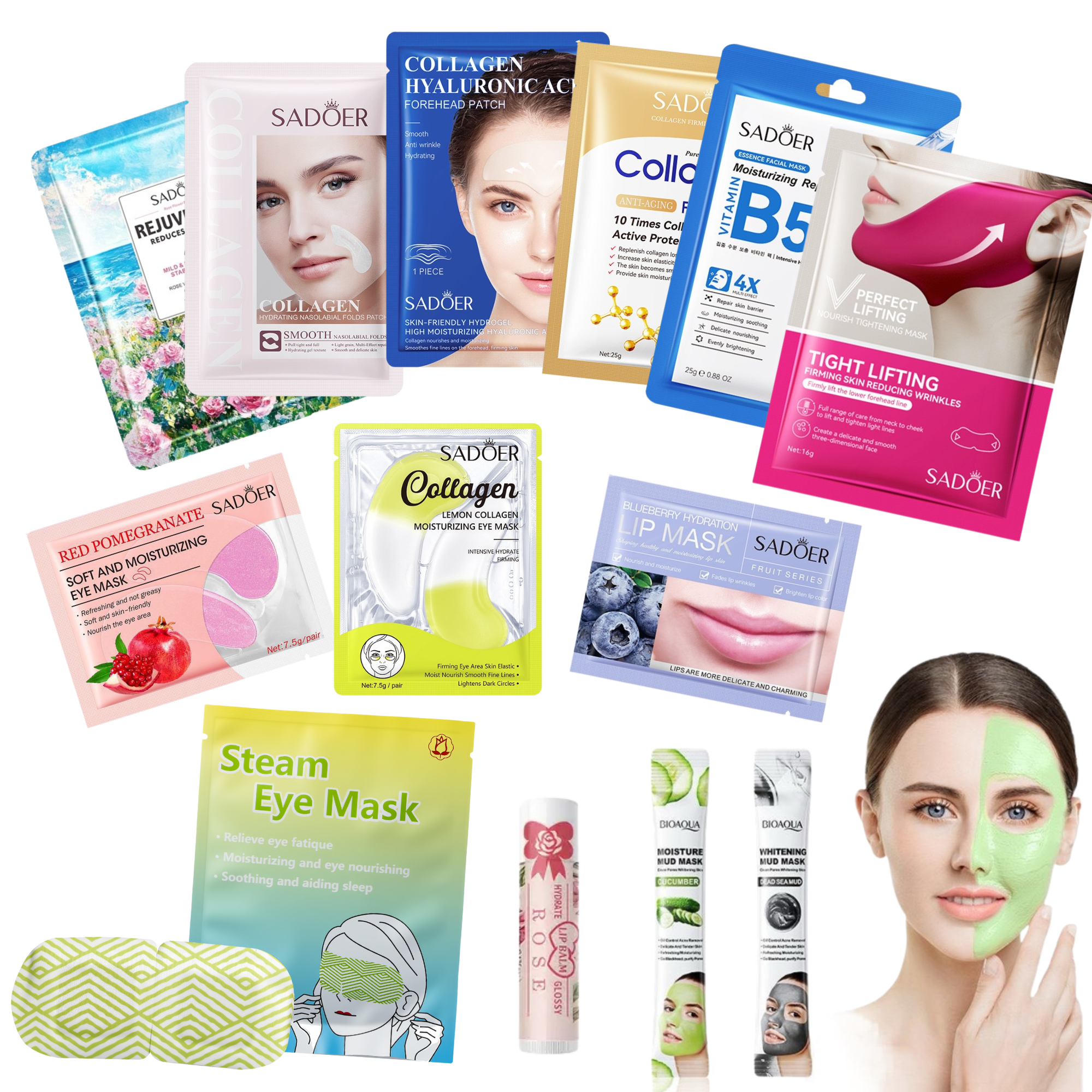 Mixed 100pcs-Multi Vitamin Collagen Facial Masks Treatment Bundle Set Plus Lip Balm Set-Random|GCMK-Set 10-100pcs Mixed|UK SELLER