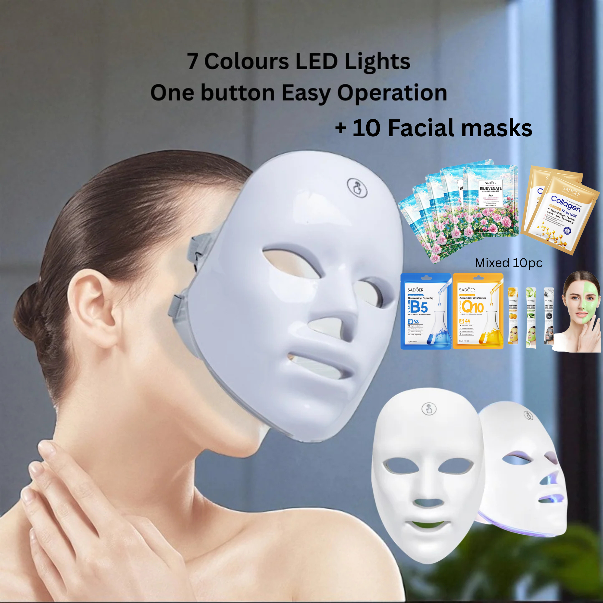 10 Sets-DermaLight Pro Rejuvenation LED Phototherapy Mask +10PC Facial Masks (Random)|GCBT006MK10-10 sets|UK SELLER