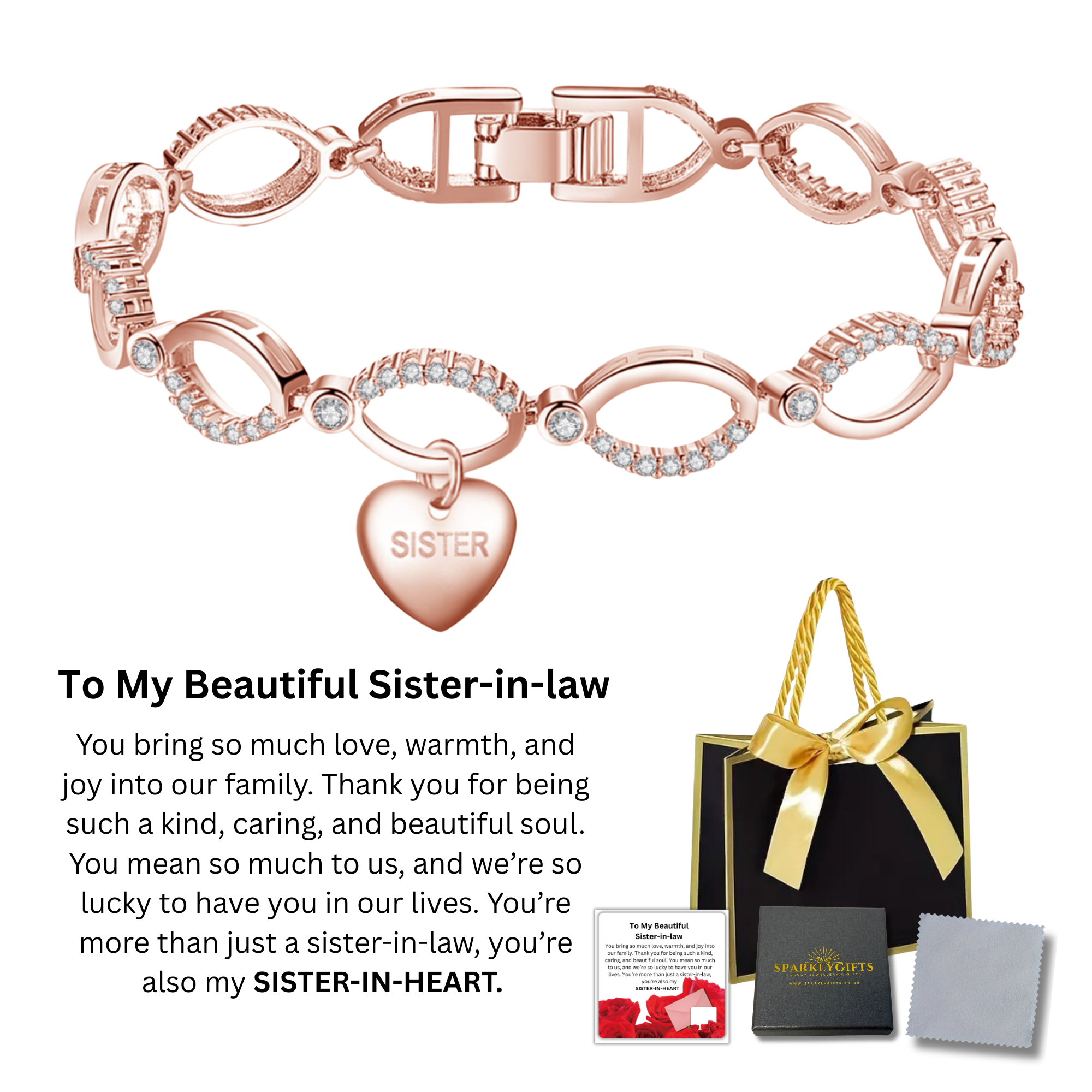 10 Sets-Infinity Bracelet for Sister-In-Law Rose Gold with Message Card Gift Bag|GSVB061-Rosegold-SISTER IN LAW-MSG Giftbag-10 Sets|UK SELLER