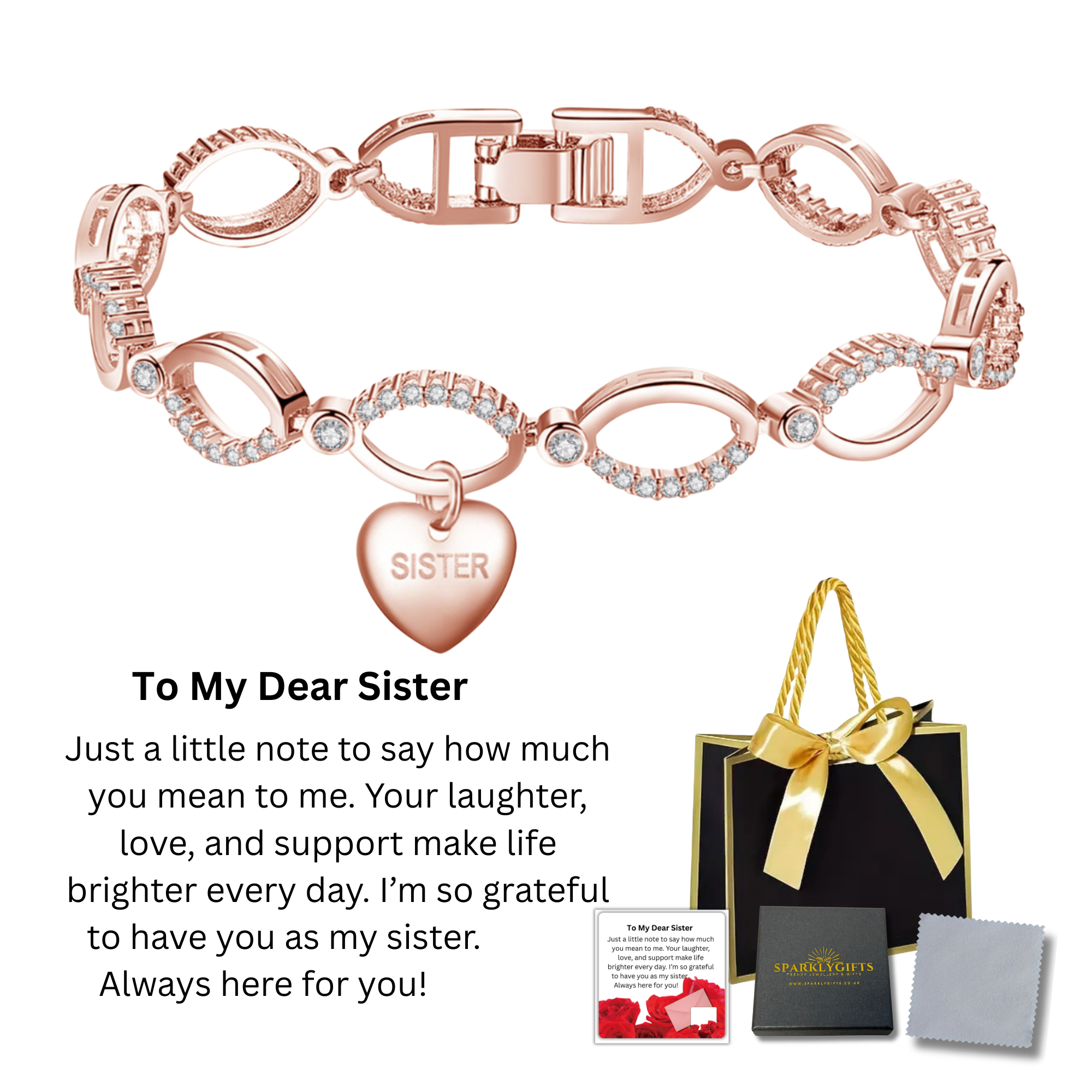 10 Sets-Infinity Bracelet for Sister Rose Gold with Message Card Gift Bag|GSVB061-Rosegold-SISTER-MSG Giftbag-10 Sets|UK SELLER