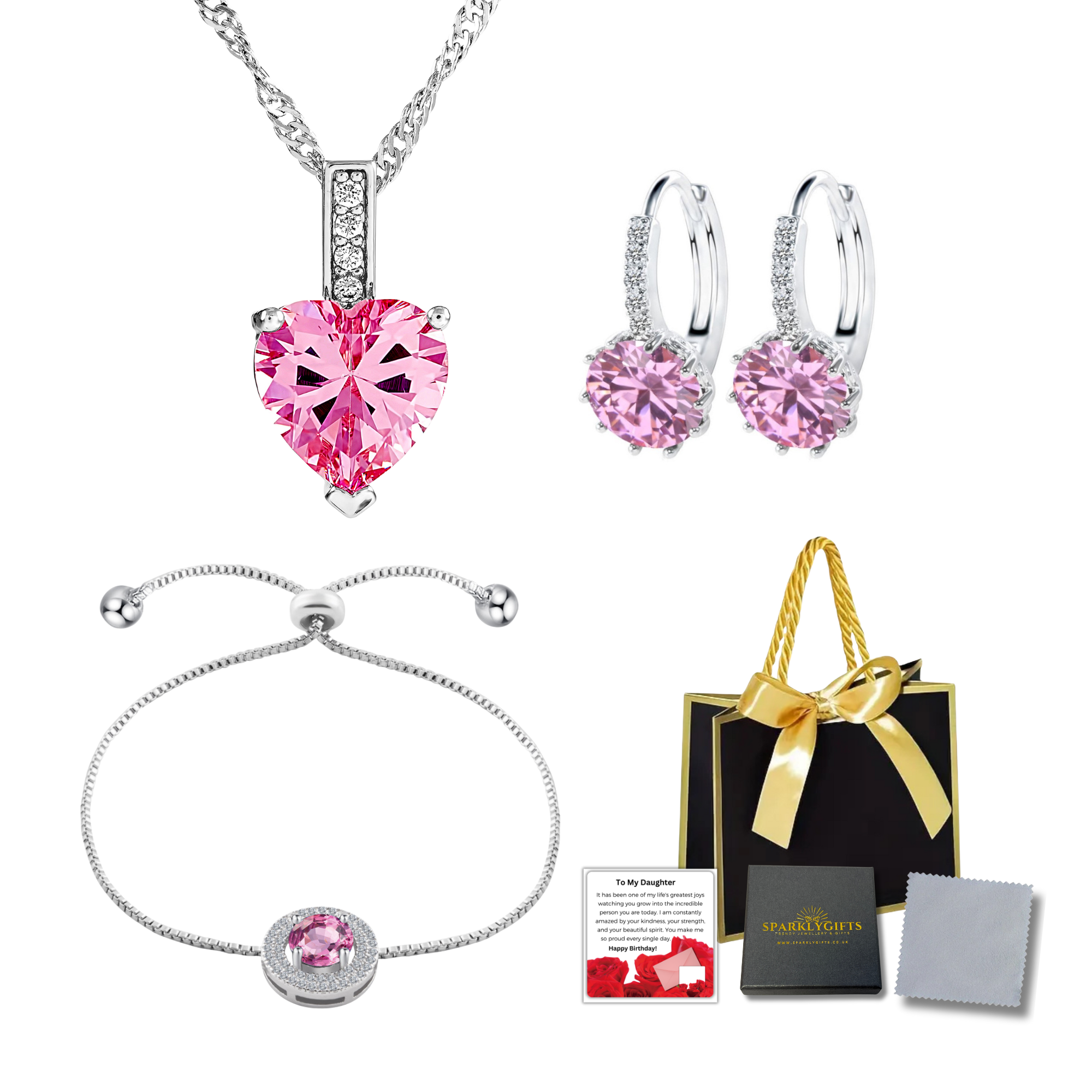 10 Sets-For Daughter Pink Sapphire Necklace Bracelet and Earrings Tri-Set with Birthday Message Gift Bag|GCJ005GCJ024GCJ525-Pink-DaughterMSG-HB+GiftBa