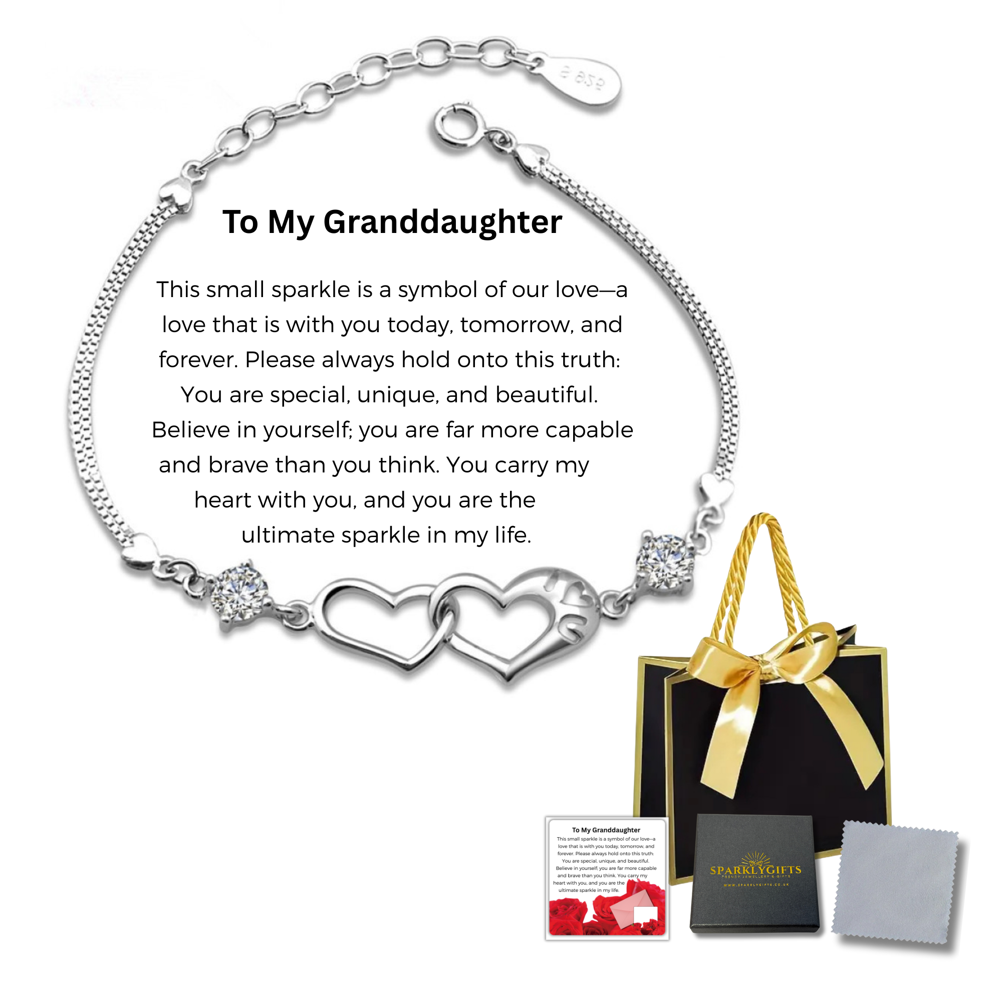 10 Sets-Bracelet for Granddaughter Linked Heart Bracelet with Message Card Gift Bag|GCJ244-GrandDaughterMSG+GiftBag-10 Sets|UK SELLER