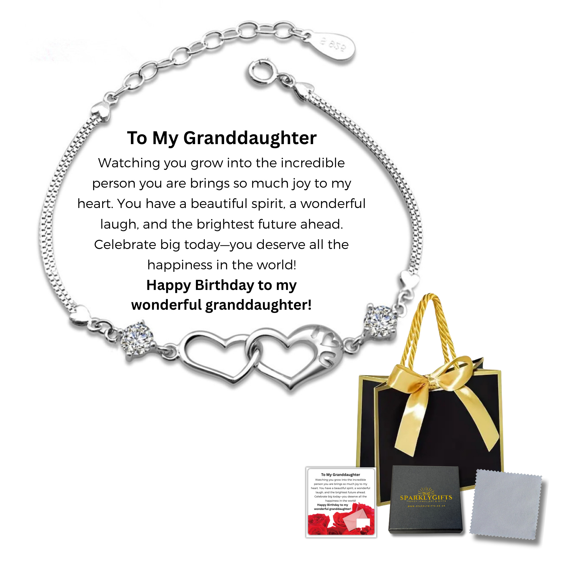 10 Sets-Bracelet for Granddaughter Linked Heart Bracelet with Birthday Message Card Gift Bag|GCJ244-GrandDaughterMSG-HB+GiftBag-10 Sets|UK SELLER