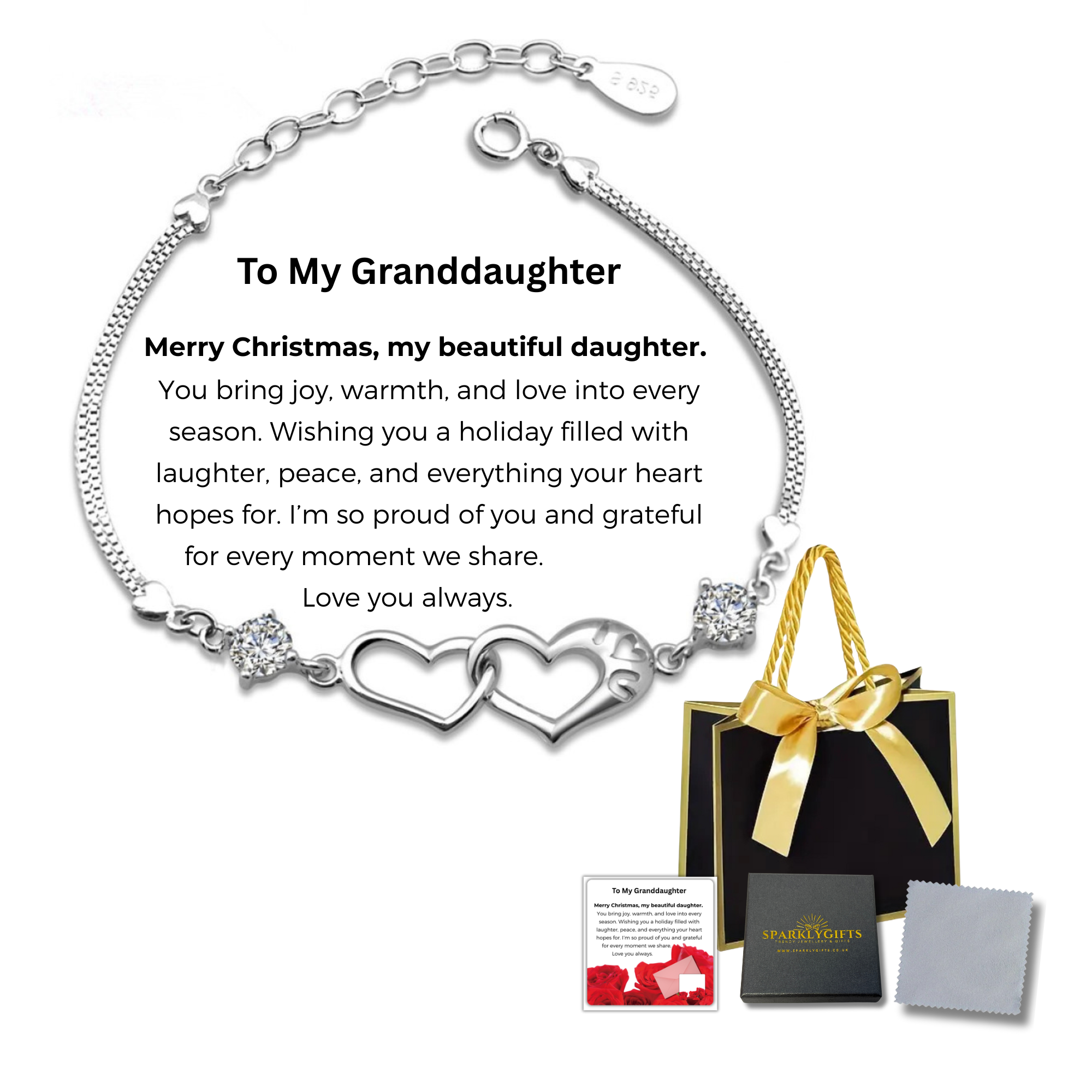 10 Sets-Bracelet for Granddaughter Linked Heart Bracelet with Christmas Message Card Gift Bag|GCJ244-GrandDaughterMSG-Christmas+GiftBag-10 Sets|UK SEL