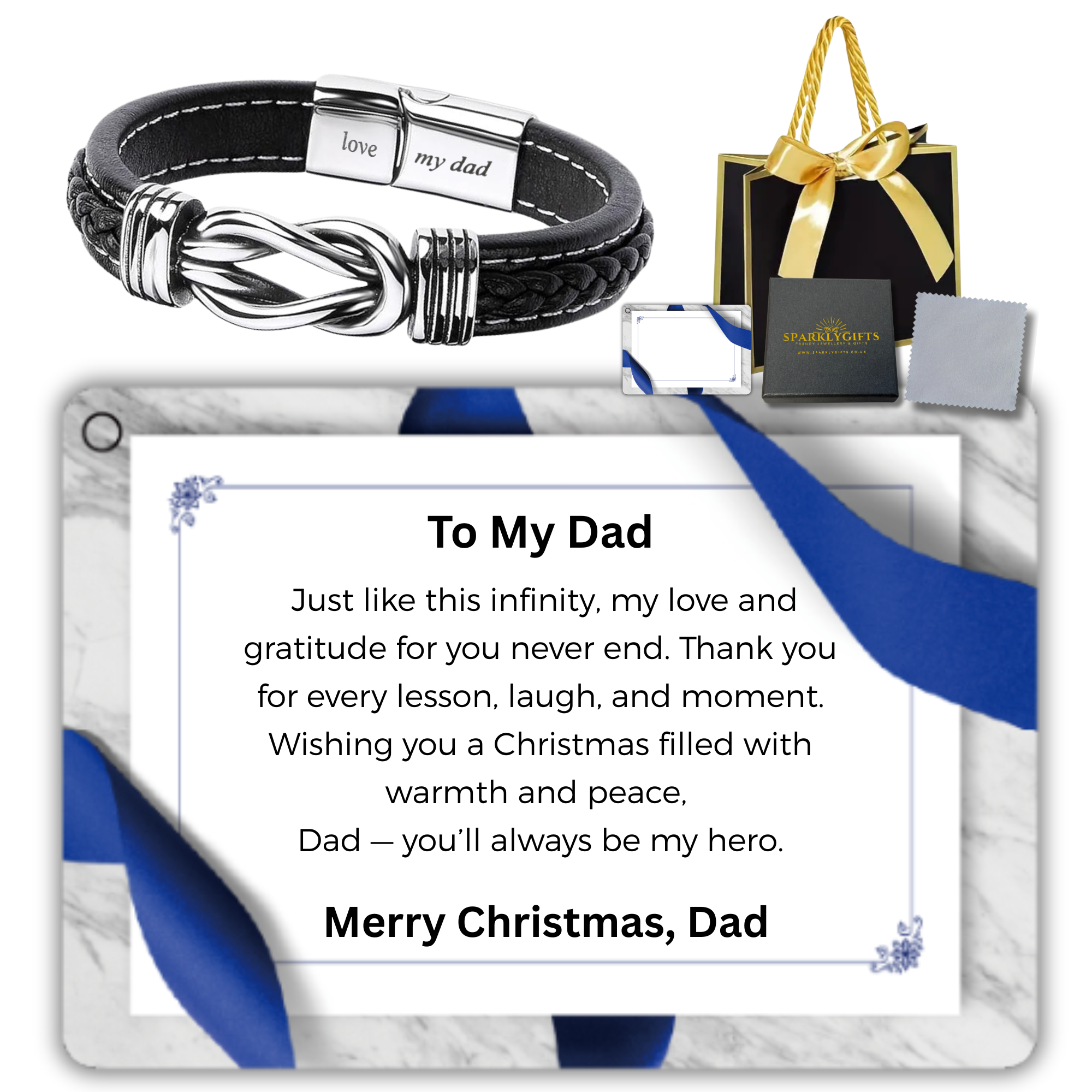 10 Sets-Stainless Steel Infinity Bracelet For Dad Engraved Leather with Christmas Message Card Gift Box|GCJ449-Dad-Christmas-MSG+Giftbag-10 Sets|UK SE