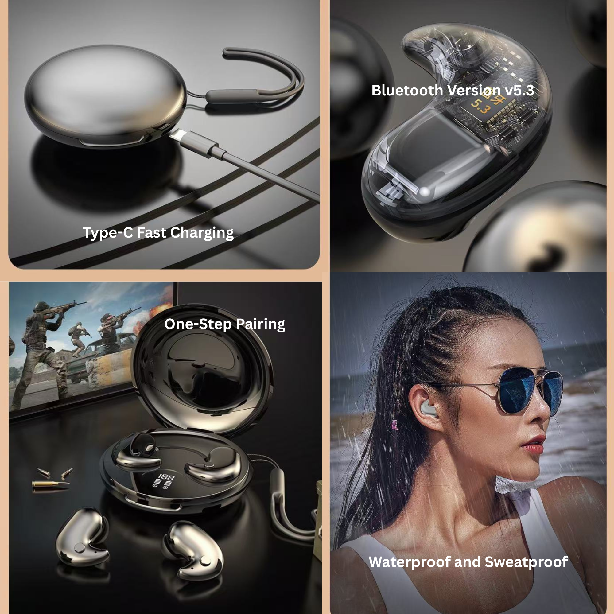 20pcs-Mini Wireless Sleep Earbuds – Bluetooth 5.3, In-Ear Noise-Cancelling with Mic, 24H Playtime, Waterproof, LED Display, Touch Control, USB-C Cha