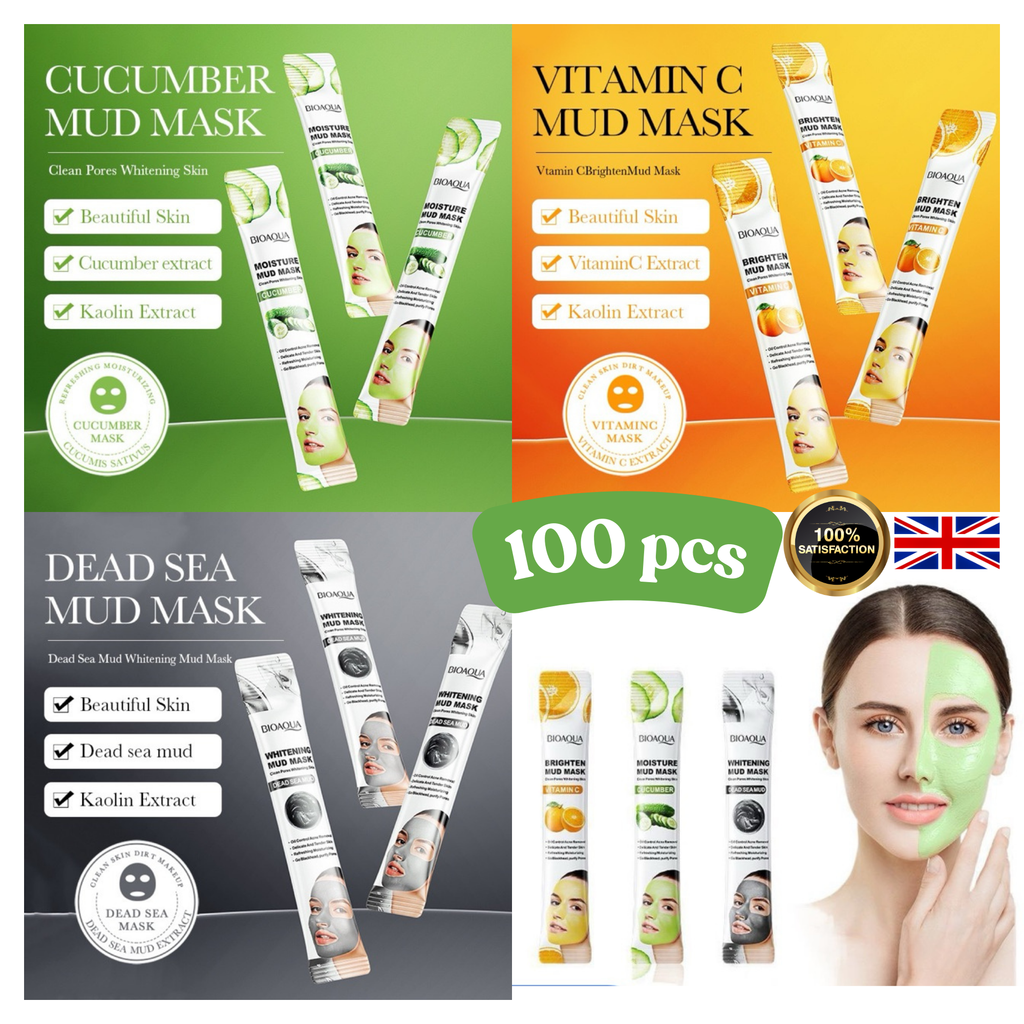 100pcs-BIOAQUA Refreshing Hydration Revitalising Deep Cleansing Clay Facial Mask Set-Mixed|GCMK001-Cleanse Mask-100pcs|UK SELLER