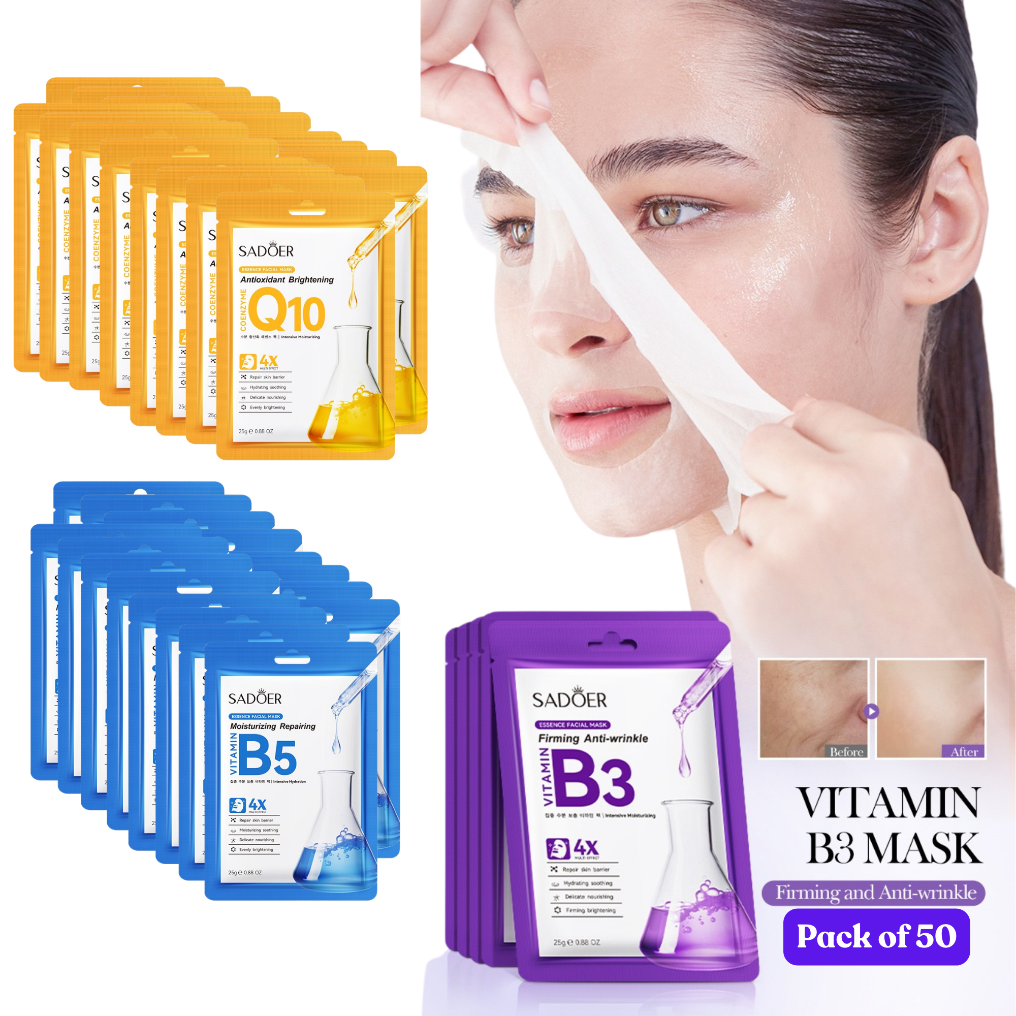 50pcs-SADOER Deep Hydrating & Brightening Radiance Facial Masks Set-Vitamin B3 & B5, & Coenzyme Q10-Mixed|GCMK002-Vitamin Mask-50pcs|UK SELLER