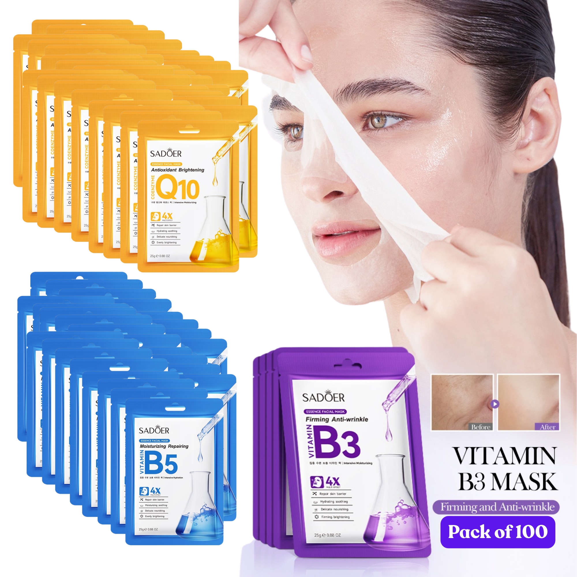 100pcs-SADOER Deep Hydrating & Brightening Radiance Facial Masks Set-Vitamin B3 & B5, & Coenzyme Q10-Mixed|GCMK002-Vitamin Mask-100pcs|UK SELLER