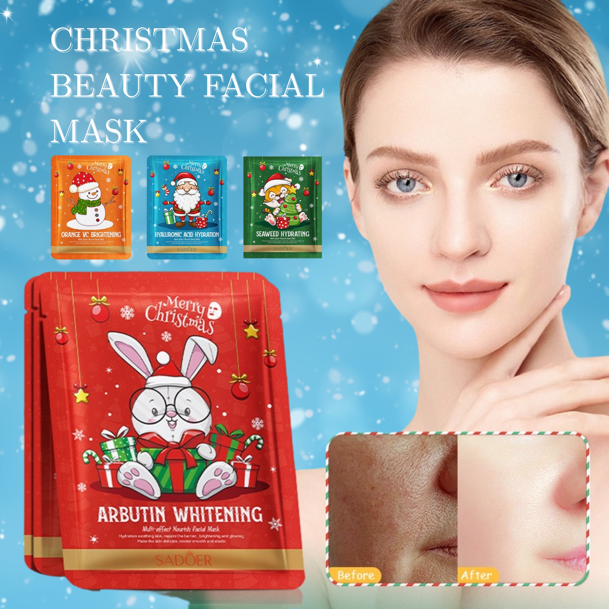 100pcs-SADOER Moisturising Pore Tightening Brightening Anti-Ageing Christmas Facial Masks-Mixed|GCMK002-Christmas Mask-100pcs|UK SELLER