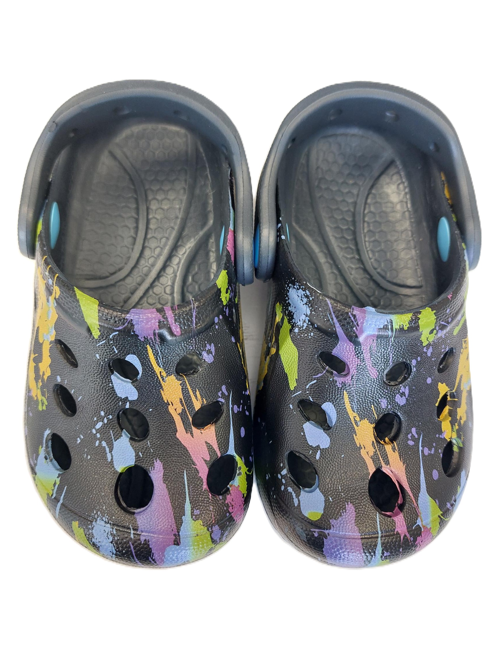 CHILDREN'S CLOGS - BLACK WITH BRIGHT PAINT SPLASH DETAIL, 5 SIZES, 50 UNITS PER JOB LOT