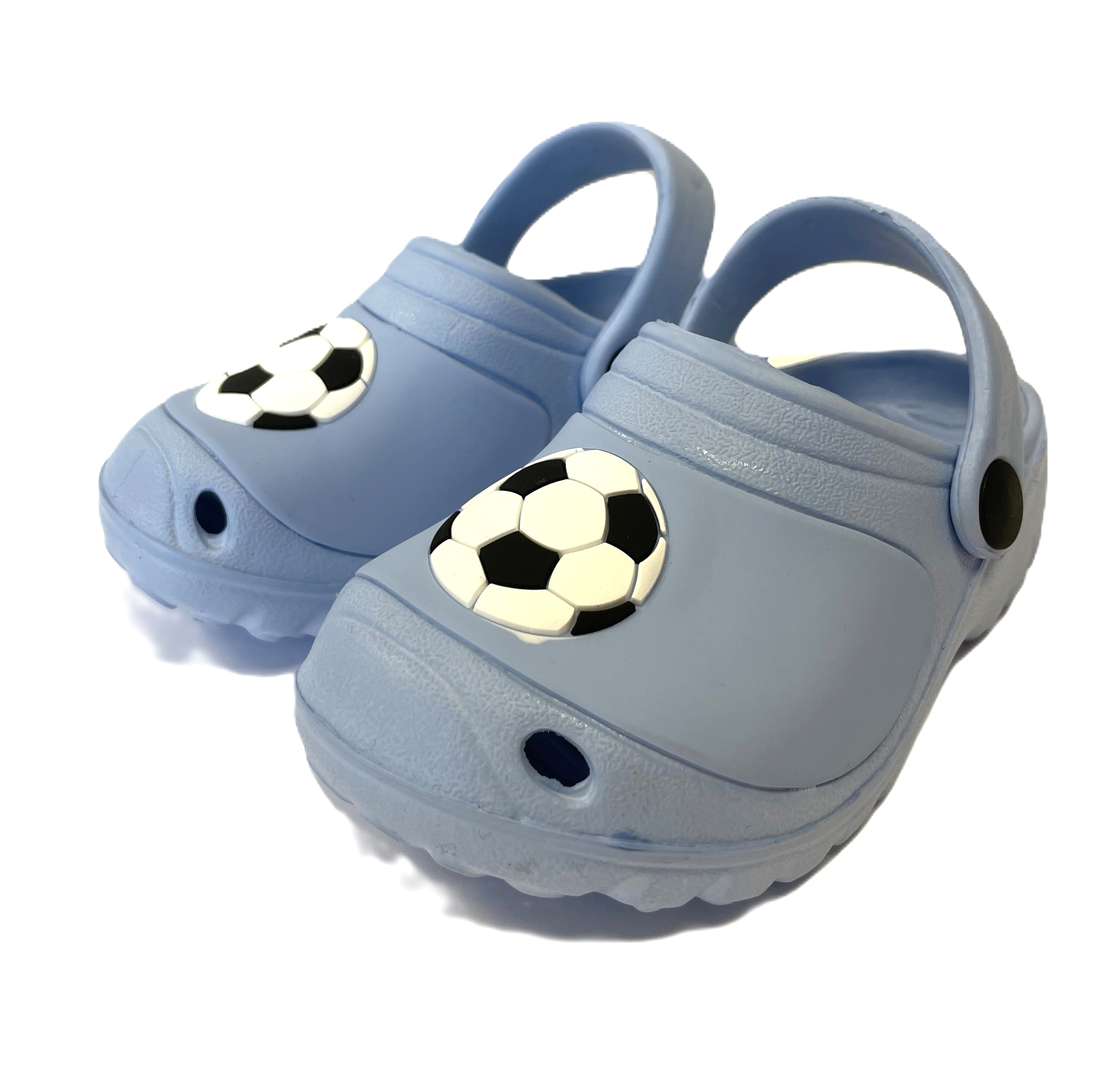 CHILDREN'S CLOGS - LIGHT BLUE WITH FOOTBALL DETAIL, 5 SIZES, 50 UNITS PER JOB LOT