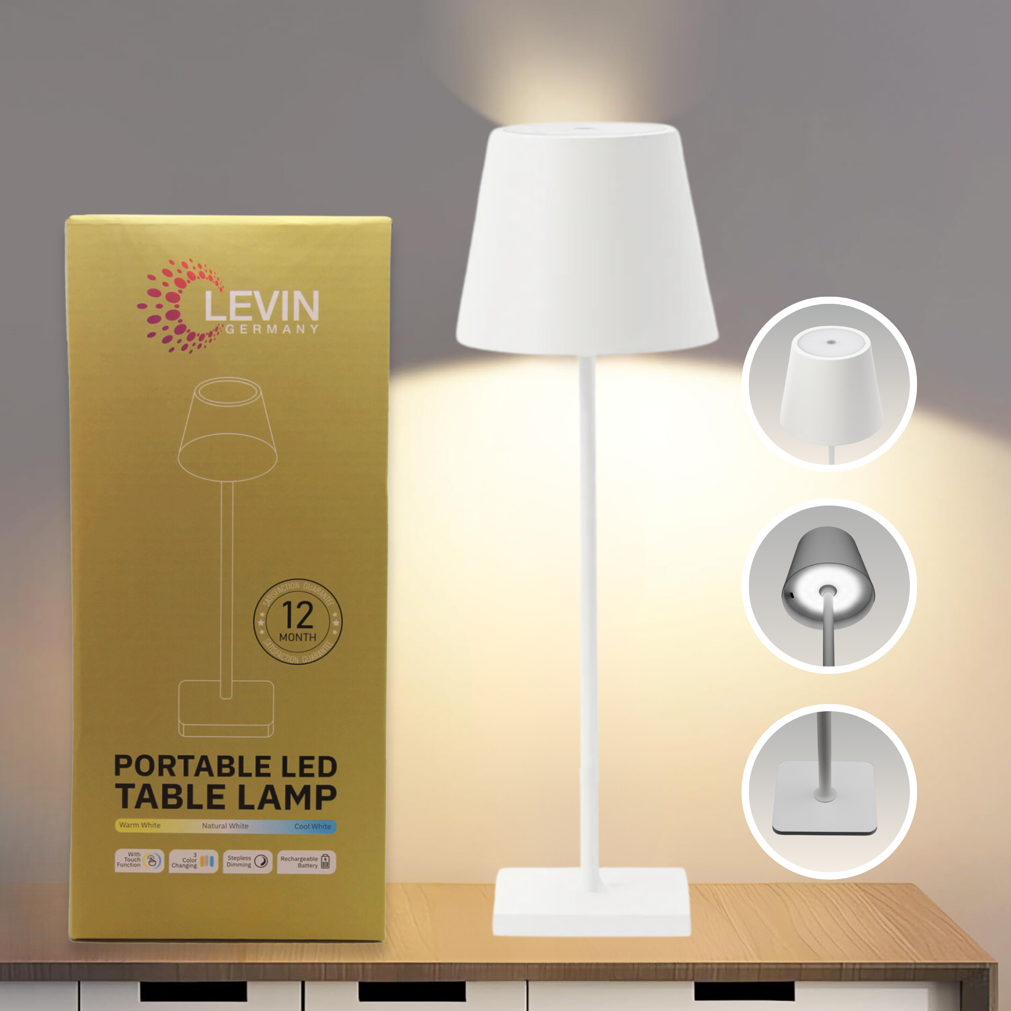 20 x Levin Rechargeable Portable LED Table Lamp – White Finish – Touch Control, 3 Colour Modes, Dimmable, 4000mAh Battery – Ideal for Hospitalit