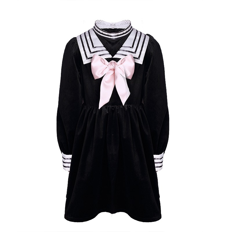 Vintage Girls Sailor Dress Black Velvet A Line Swing Dress Retro Princess Age 4-5Y