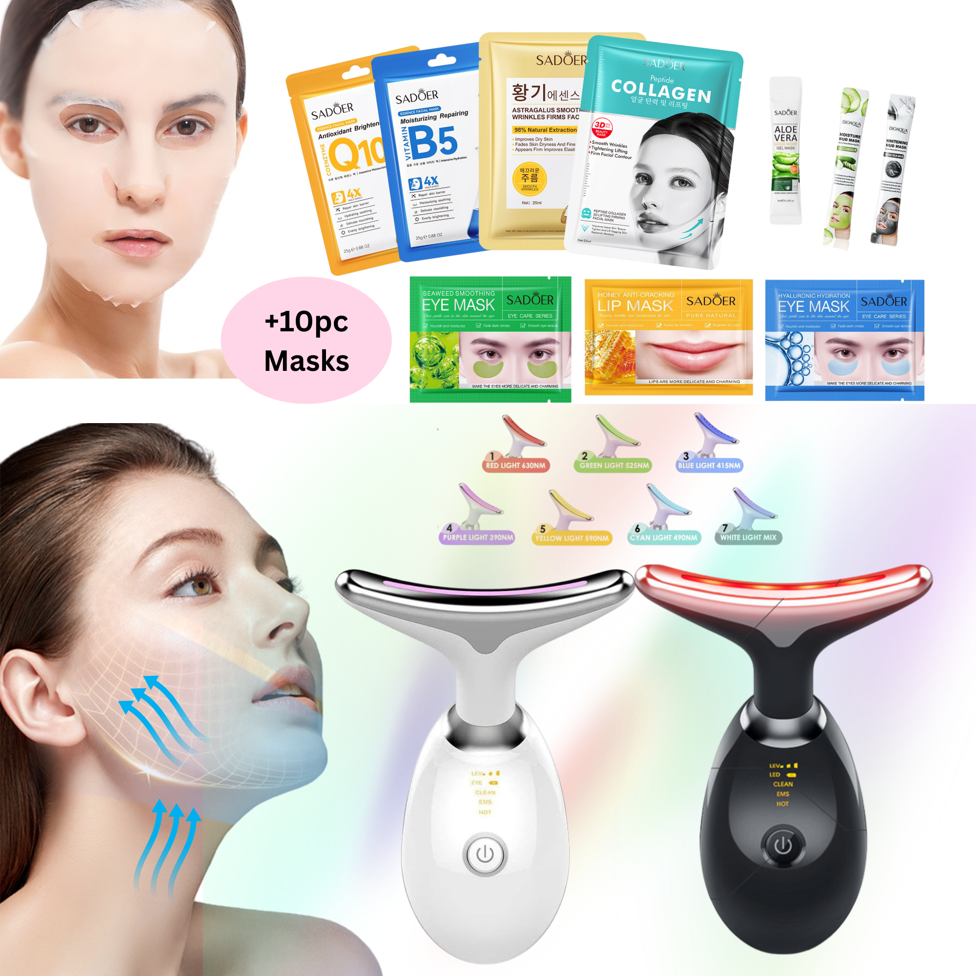 10 Sets-Face & Neck Lifting Massager Plus 10PC Mixed Facial Masks–Tighten, Tone & Rejuvenate at Home-Random Colour|GCBT004Mk10-Black/White-10 Sets-R