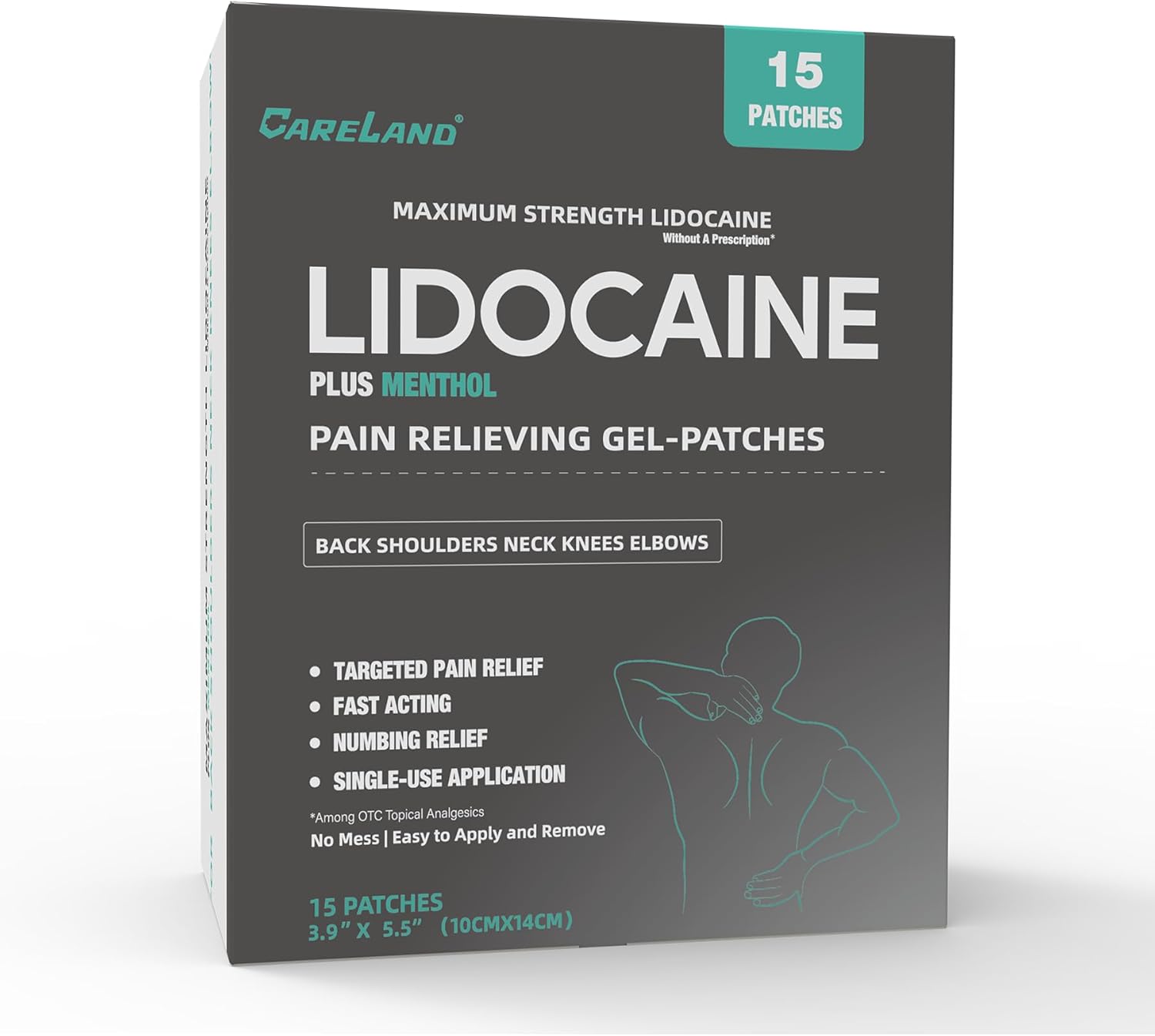 CARELAND 4% Lidocaine Patches Plus 1% Menthol 15 Count Pain Relief Patches Maximum Strength lidocaine, Back Pain Relief Products, for Neck Knee Joint 