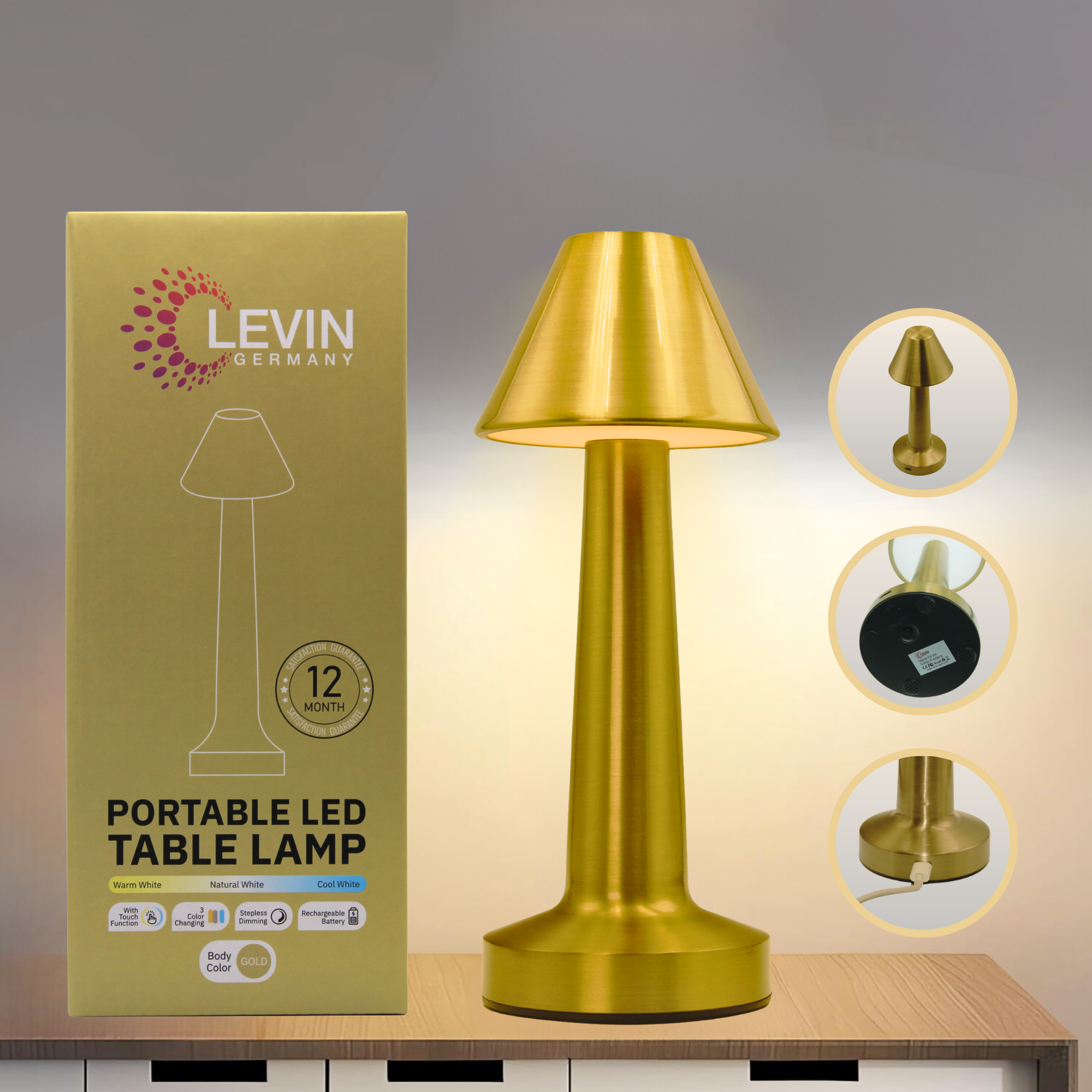 30xLevin Germany Table Lamp Gold Model, Rechargeable Cordless LED Lamp, Touch Control, Dimmable, 3 Colour Modes, Ideal for Hospitality & Home Retail