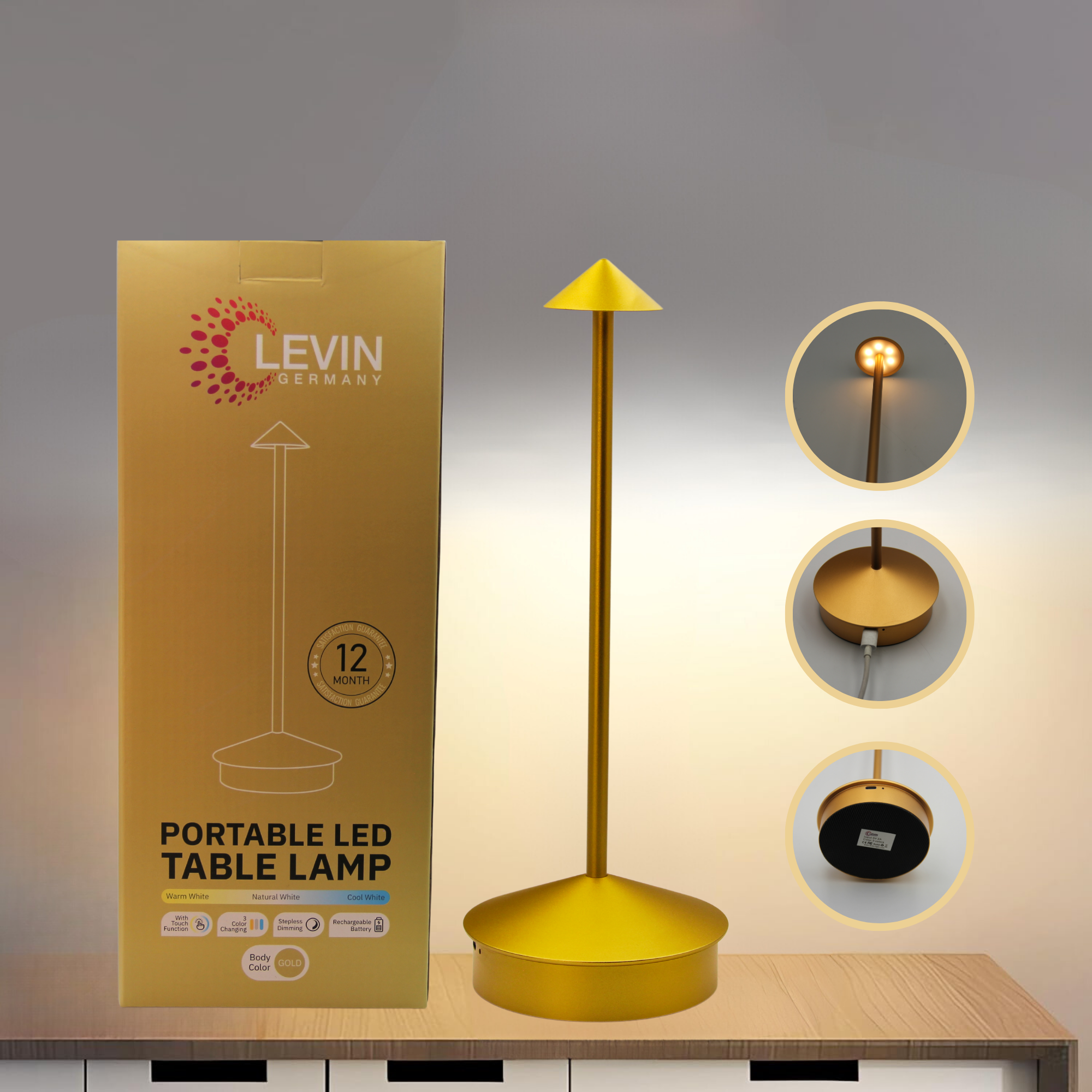 15xLevin Cordless LED Table Lamp Gold–Rechargeable, Touch Control, Dimmable, 3 Colour Modes–Ideal for Hospitality & Home Retail