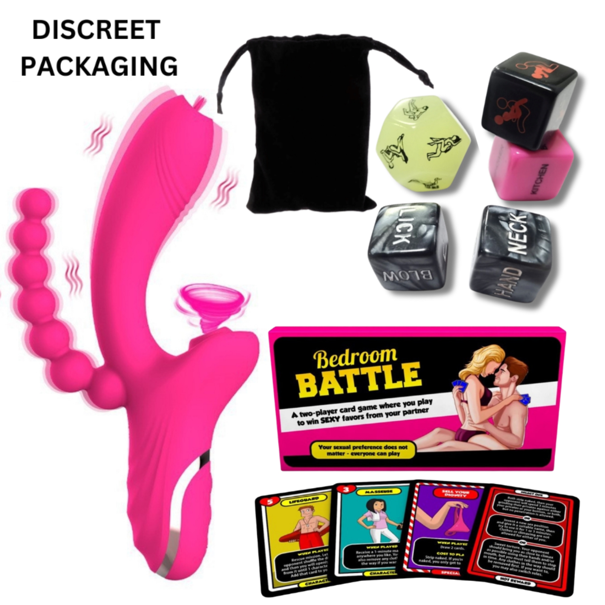 10 Sets- 7-Piece Couples Bedroom Play Set - 3-in-1 Vibrator Set with Clitoral Suction, Anal Beads, Sex position Dice Set & Bedroom Battle Card Game|GC