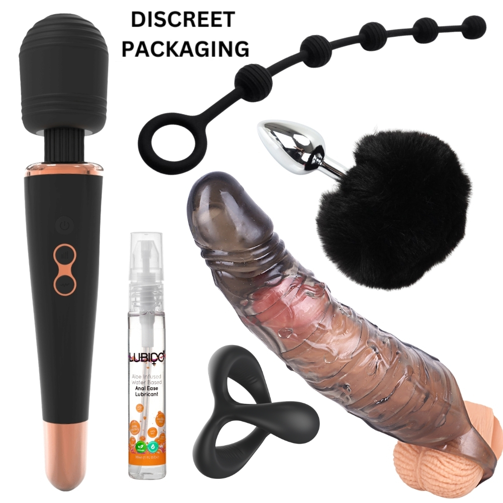 10 Sets- 6-Piece Luxury Couple Play Set-Magic Wand Massager, Fluffy Bunny Tail Metal Plug, Silicone Anal Beads, Textured Penis Extender Sleeve, Dual L