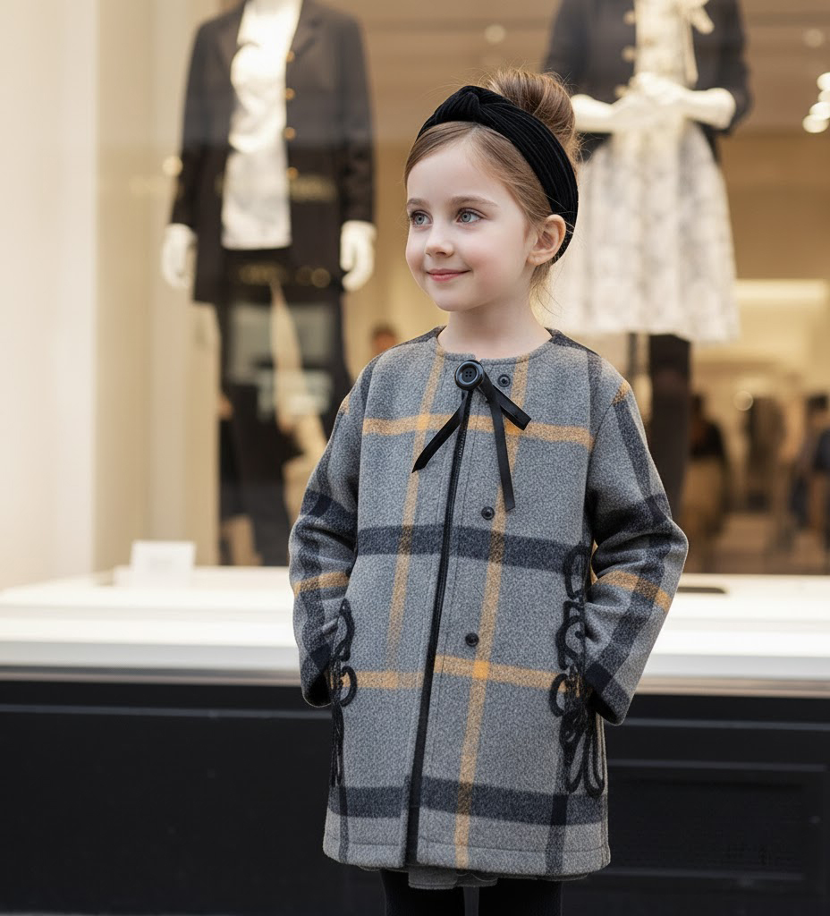 Toddler Girls Plaid Wool Blend Coat Baby Doll Bow spring Jacket Age 2–4