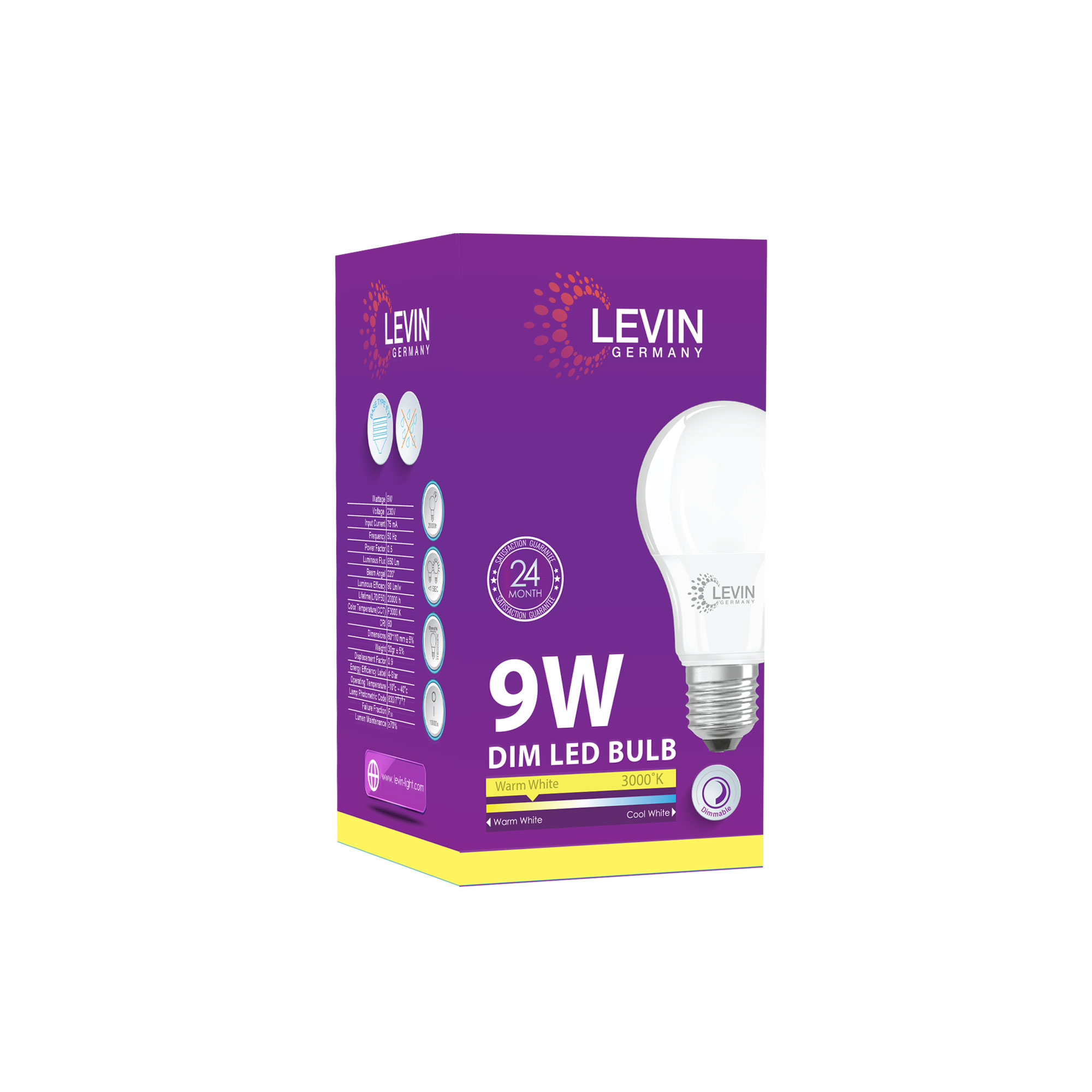 100 x Levin 9W A60 LED Bulbs – Dimmable, Warm White 3000K, E27 Edison Screw, 850 Lumens, 60W Replacement (20 Packs of 5)