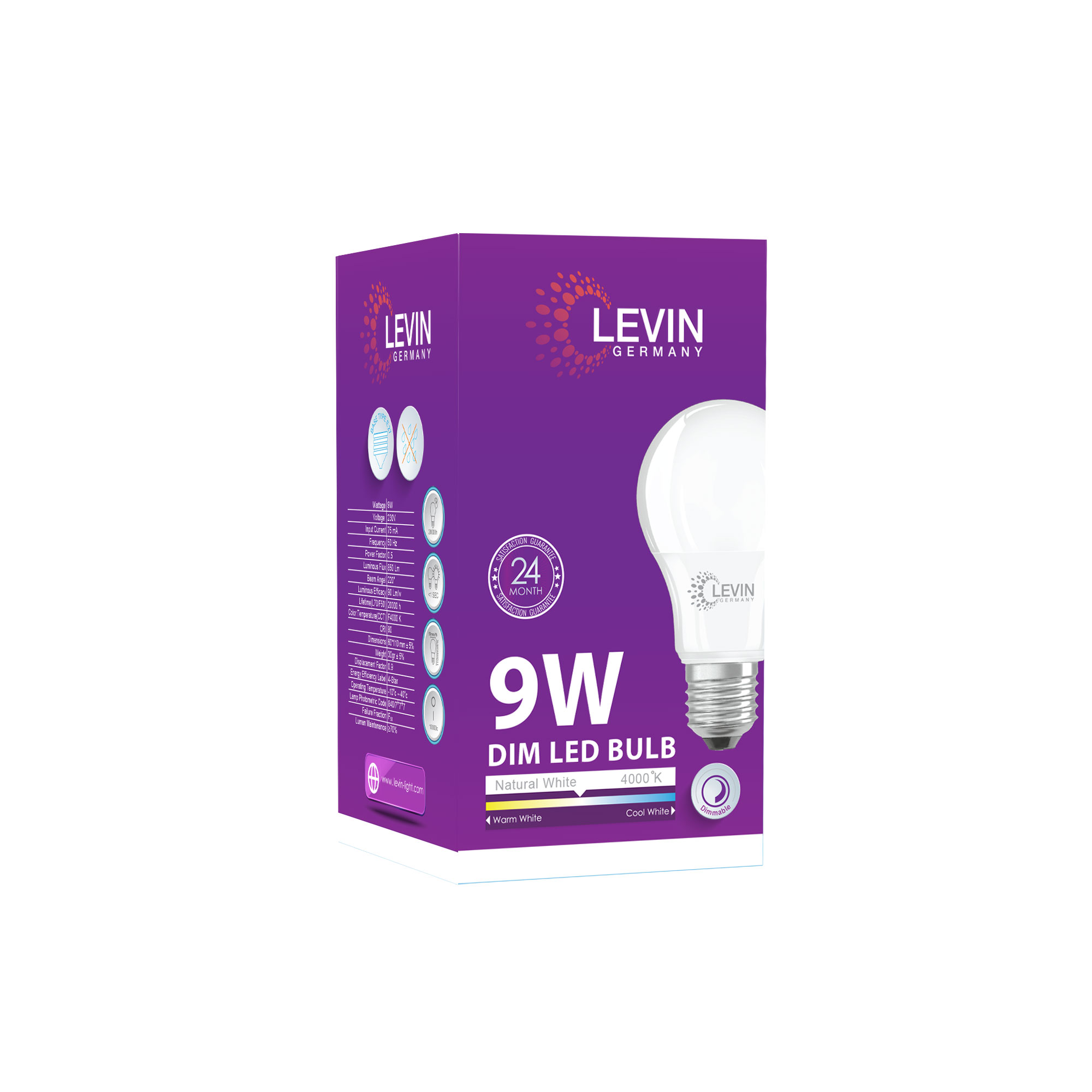 100 x Levin 9W A60 LED Bulbs – Dimmable, Daylight 4000K, E27 Edison Screw, 850 Lumens, 60W Replacement (20 Packs of 5)
