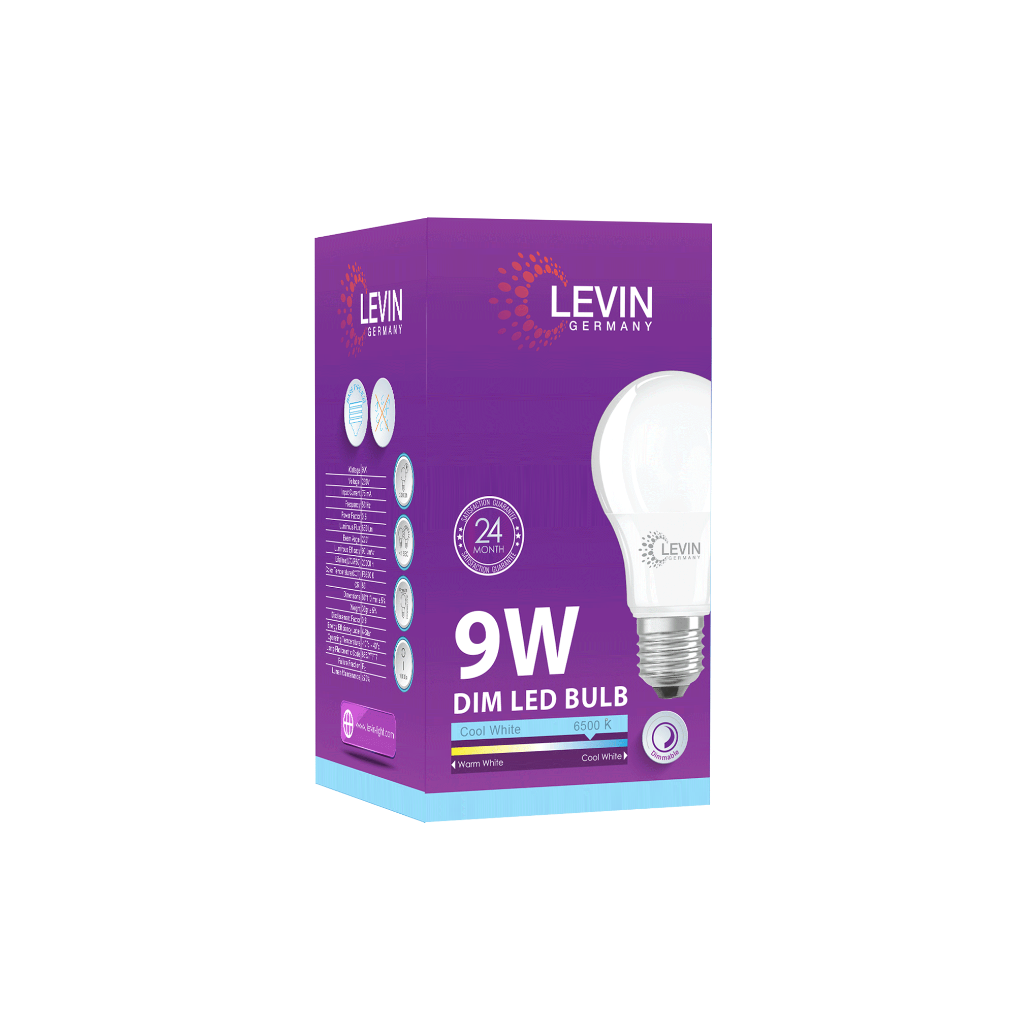 100 x Levin 9W A60 LED Bulbs – Dimmable, Cool White 6500K, E27 Edison Screw, 850 Lumens, 60W Replacement (20 Packs of 5)
