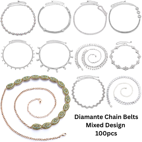 100pcs Rhinestone & Diamante Waist Chain Belts – Mixed Styles Women’s Fashion Accessories Bulk Lot