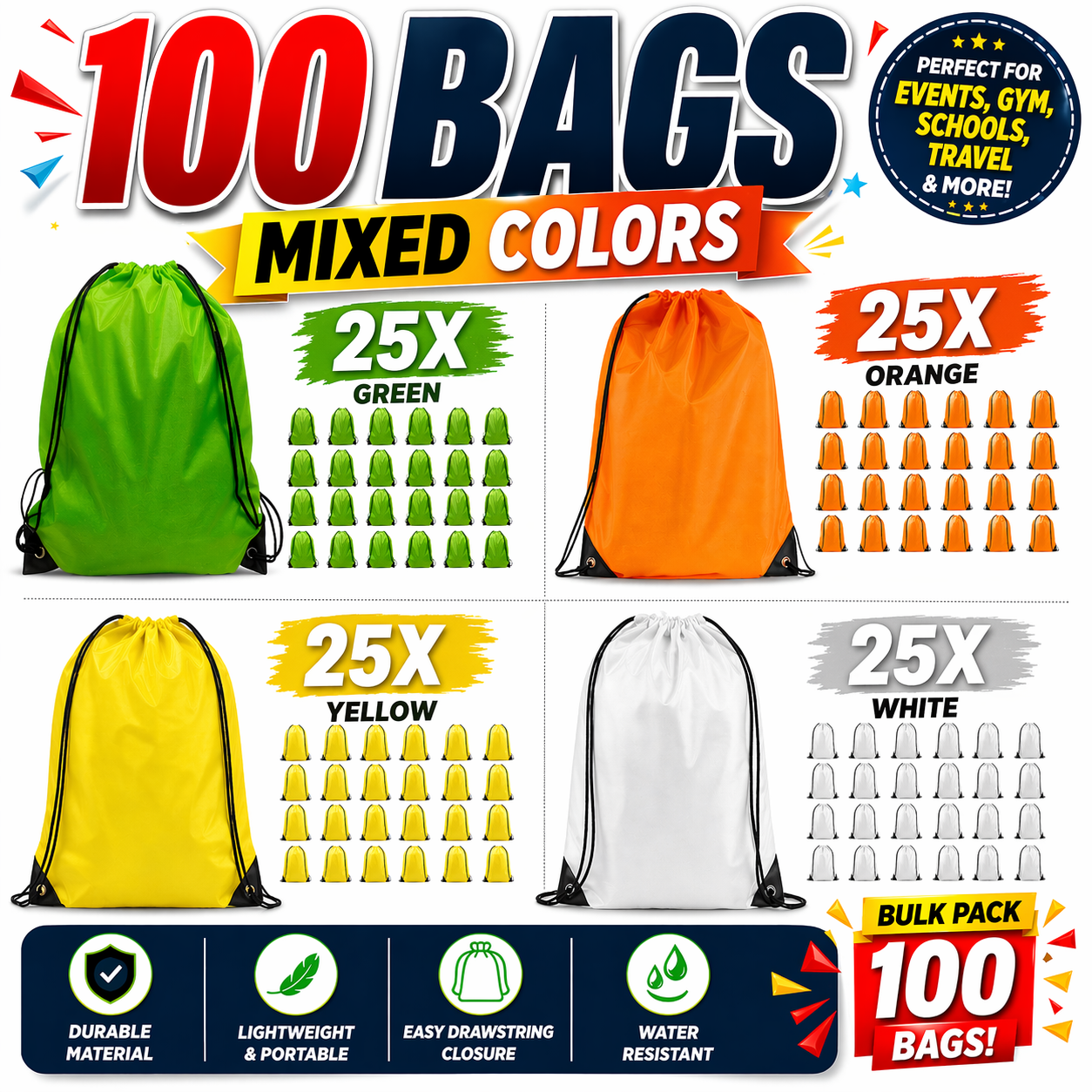 Nylon Drawstring Rucksack Bag 100 Pack Green/ Yellow/ Orange/ White - MIXED COLORS- Ideal for Swimming School Sport Kids Adults Fitness