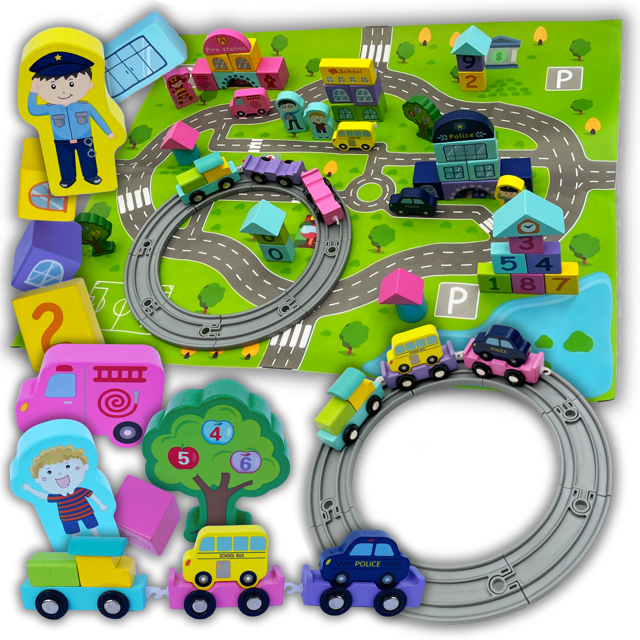 3-in-1 City Blocks Railway 56-Piece Wooden Play Set with Train Track, Play Mat, and City-Themed Building Blocks 